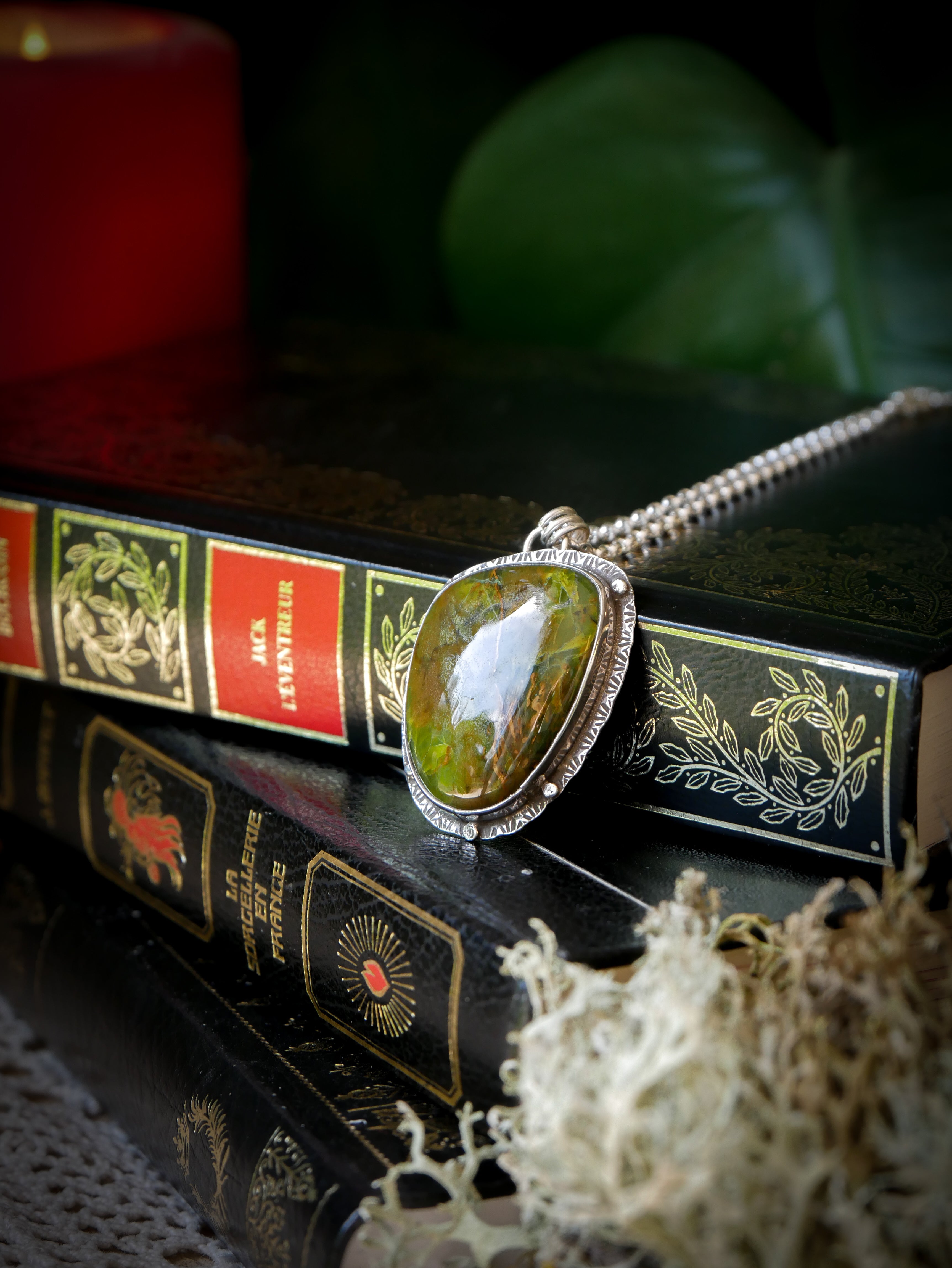 The Awakening of the Faun - Green opal and silver medallion, faun on the back