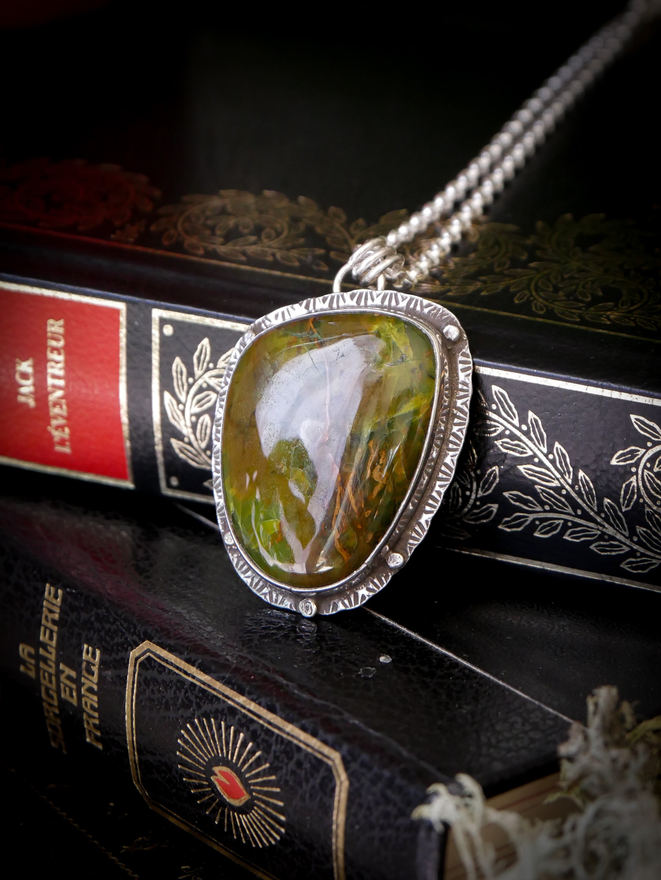 The Awakening of the Faun - Green opal and silver medallion, faun on the back