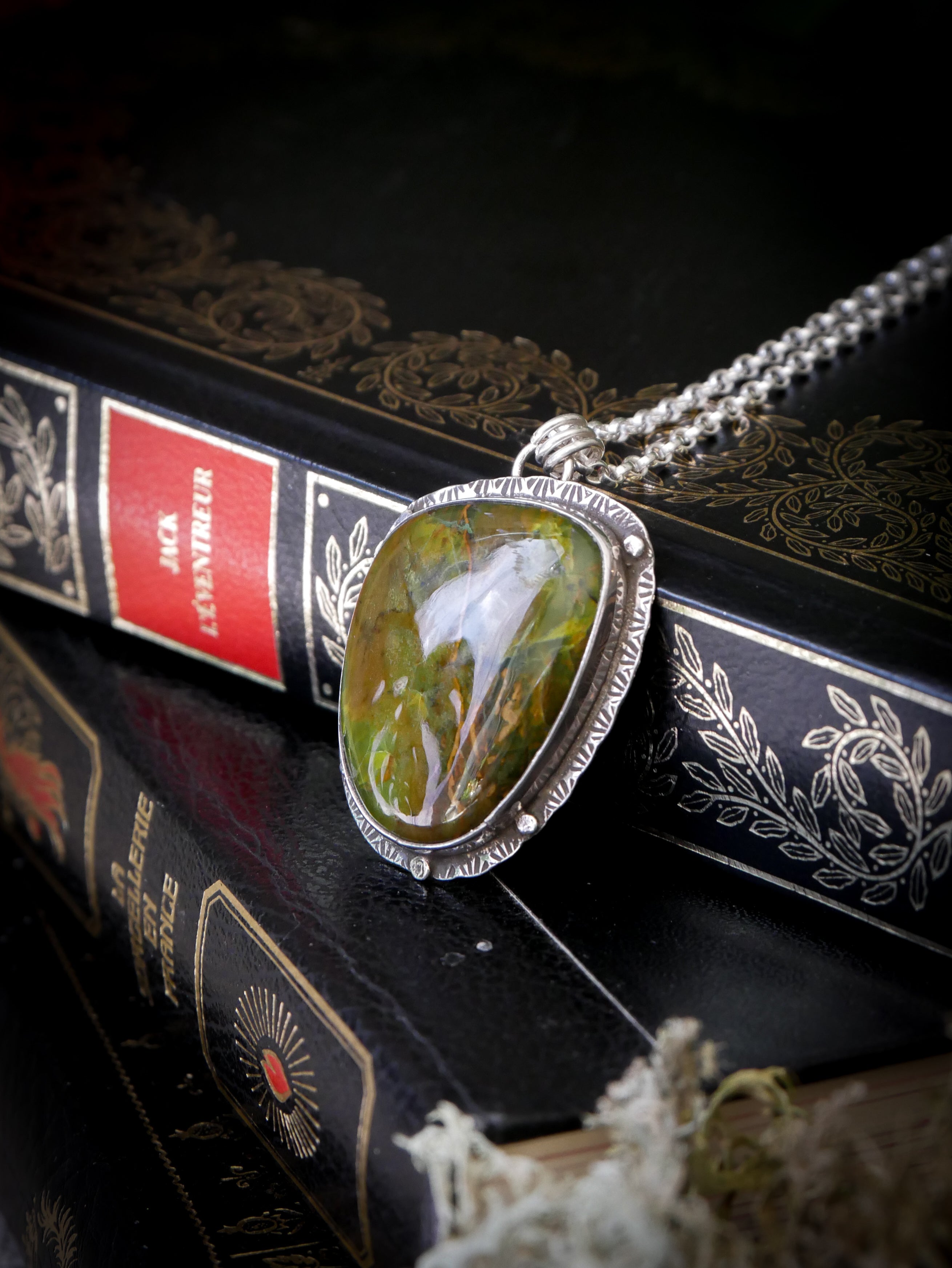 The Awakening of the Faun - Green opal and silver medallion, faun on the back