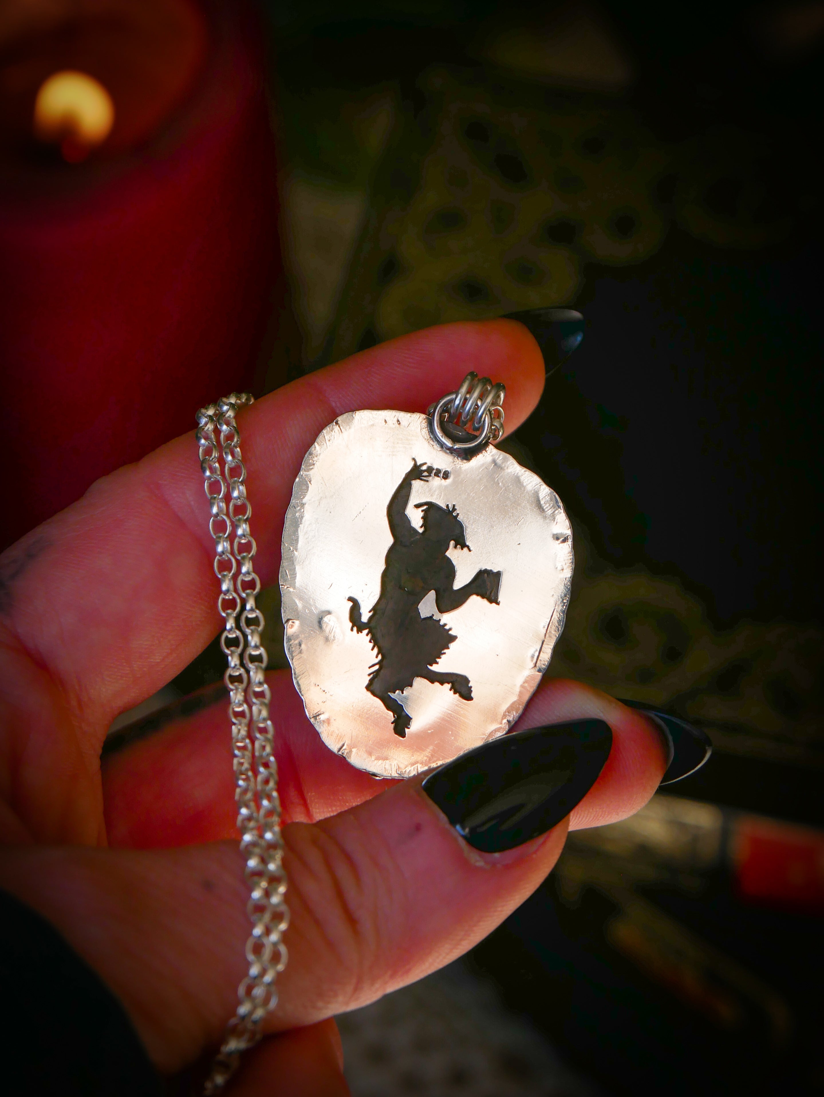 The Awakening of the Faun - Green opal and silver medallion, faun on the back