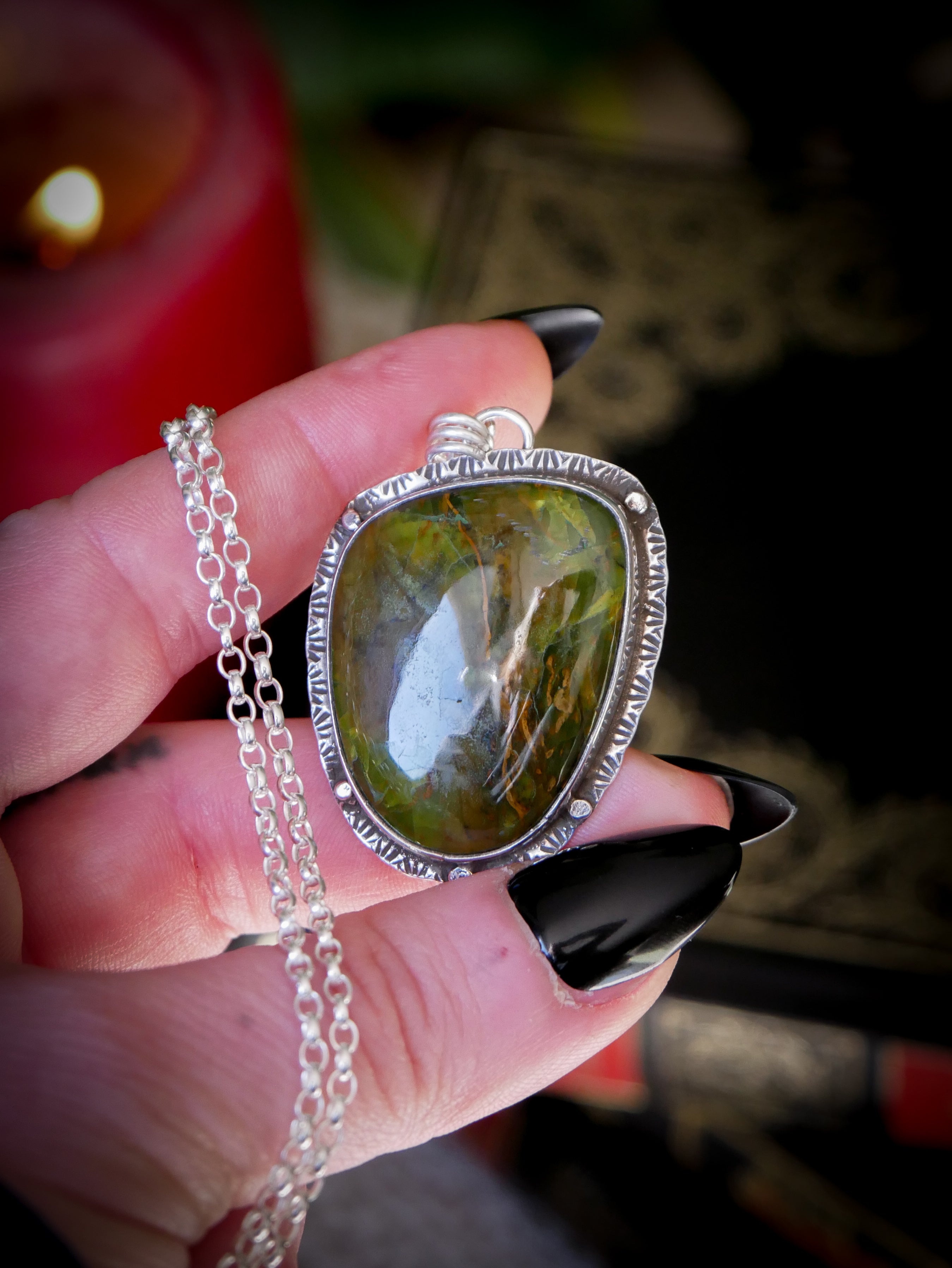 The Awakening of the Faun - Green opal and silver medallion, faun on the back