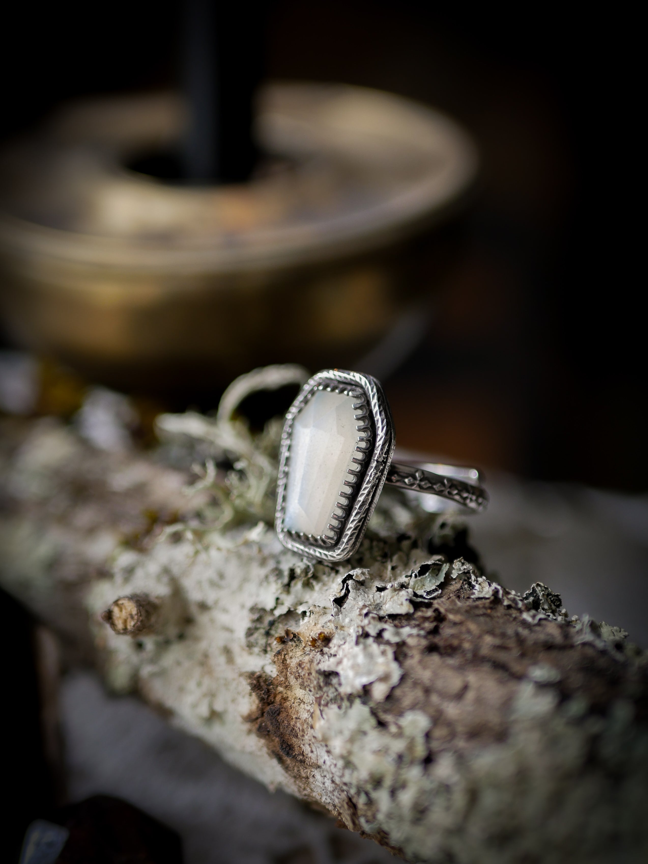 Nosferatu - Anello a bara in pietra di luna bianca sfaccettata e argento