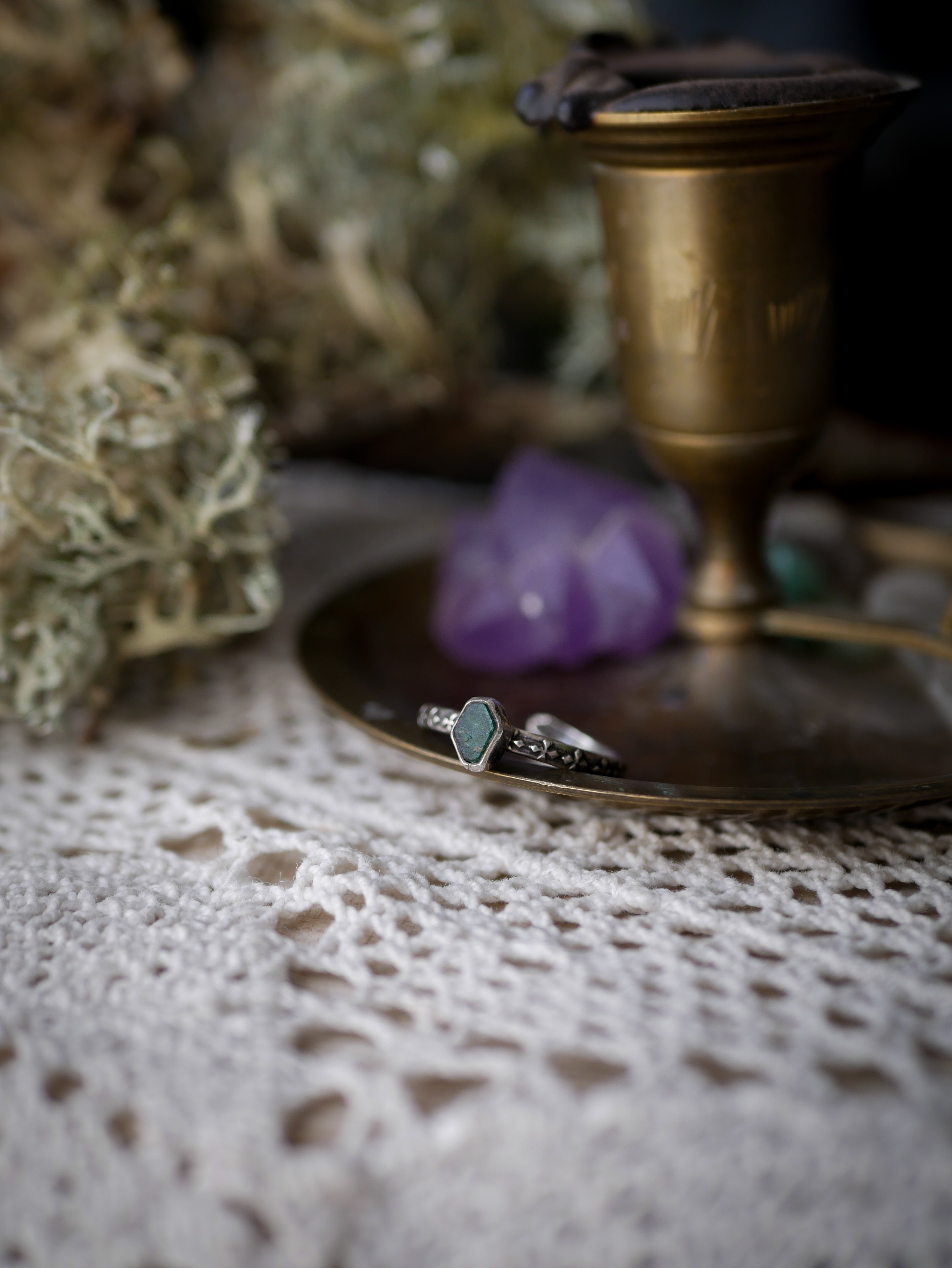 The Necromancer - Genuine Raw Emerald and Silver Ring