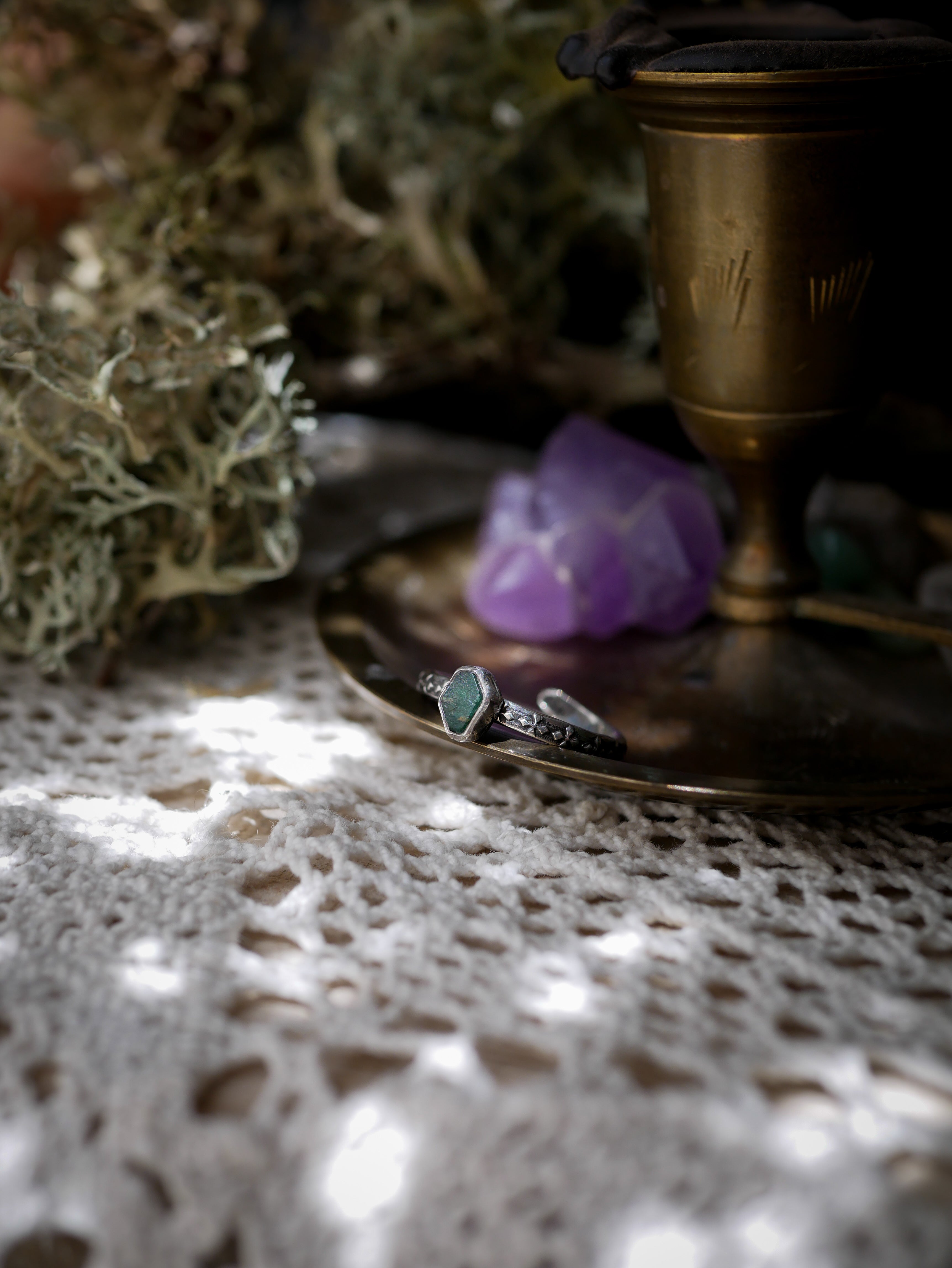 The Necromancer - Genuine Raw Emerald and Silver Ring