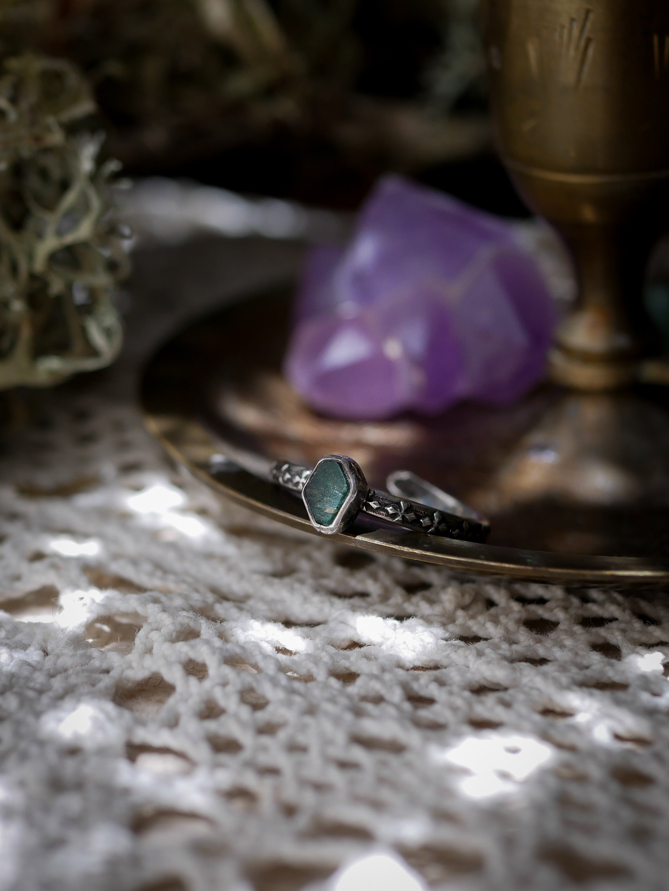 The Necromancer - Genuine Raw Emerald and Silver Ring