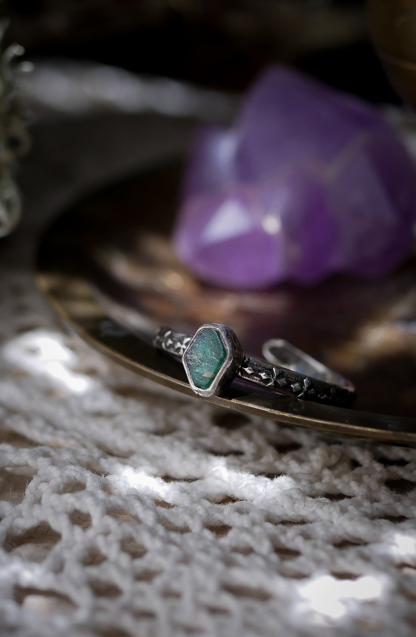 The Necromancer - Genuine Raw Emerald and Silver Ring