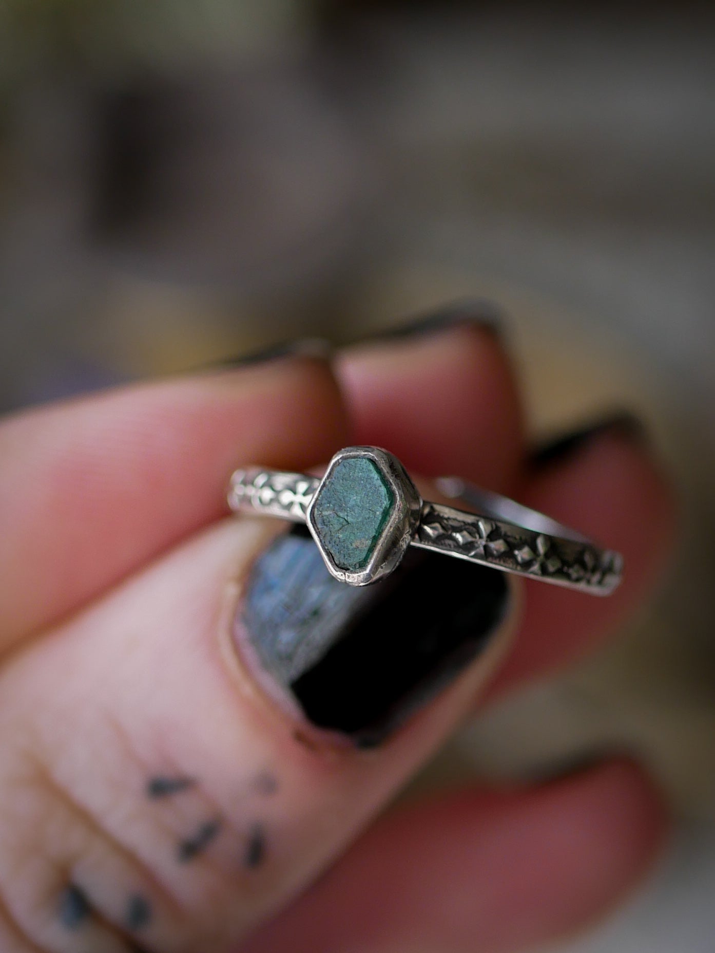 The Necromancer - Genuine Raw Emerald and Silver Ring