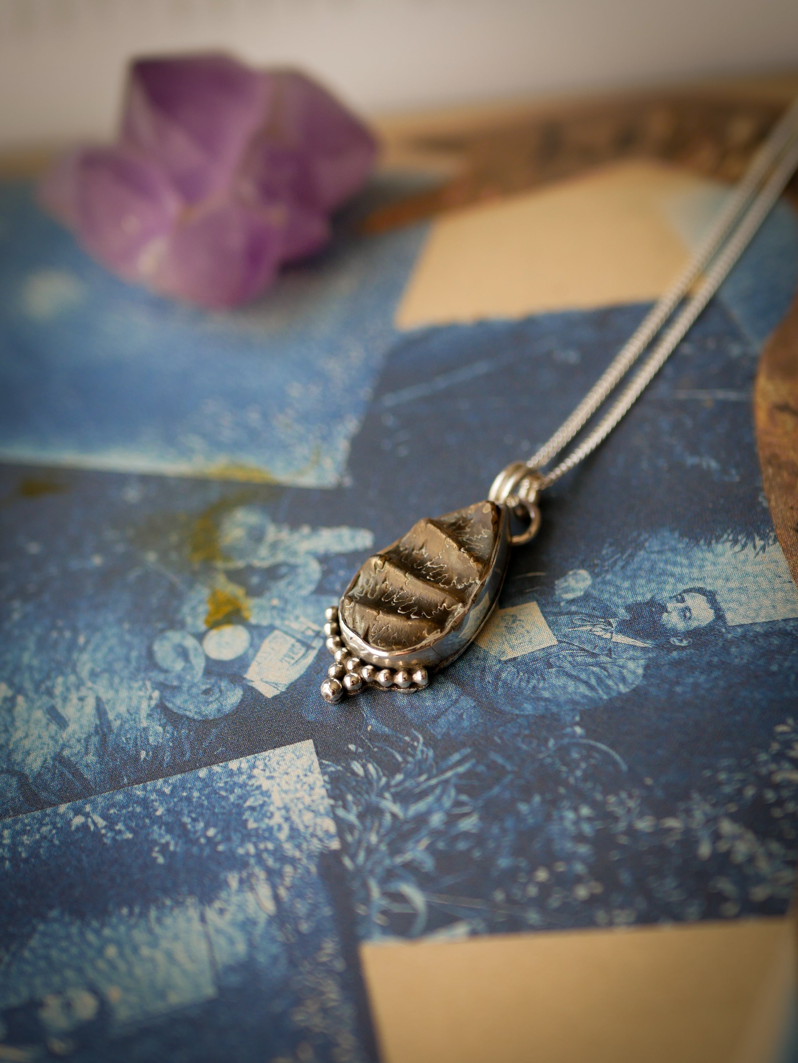 Magie Ancestrale - Collier en fossile d'ammonite et argent, étoile du Nord au dos