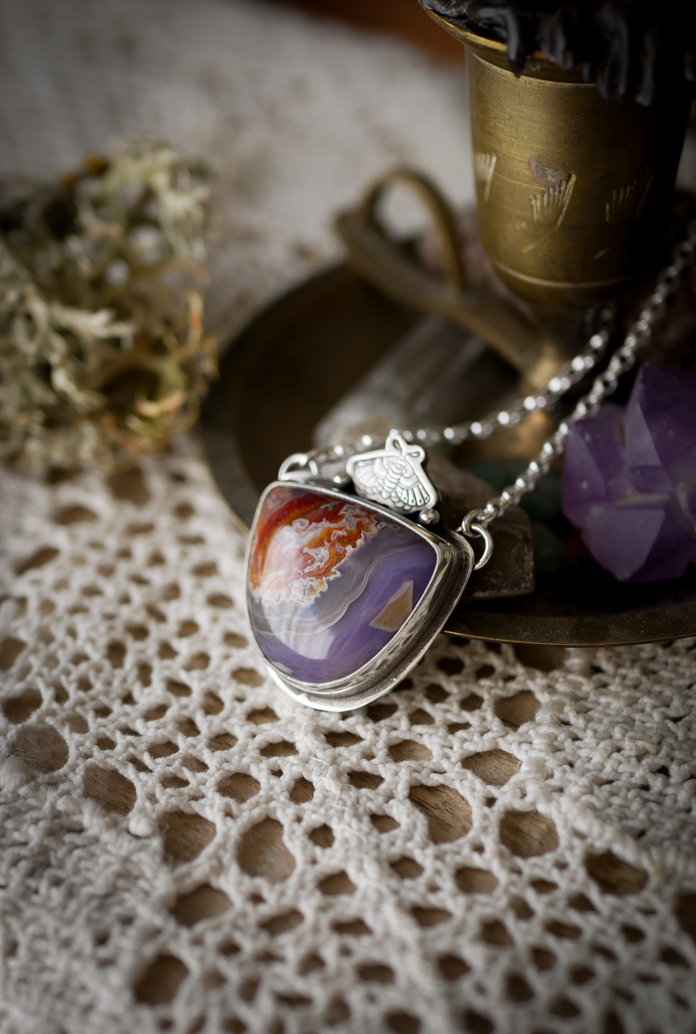 Lightworker - Nueva agate and silver necklace, stamped butterfly