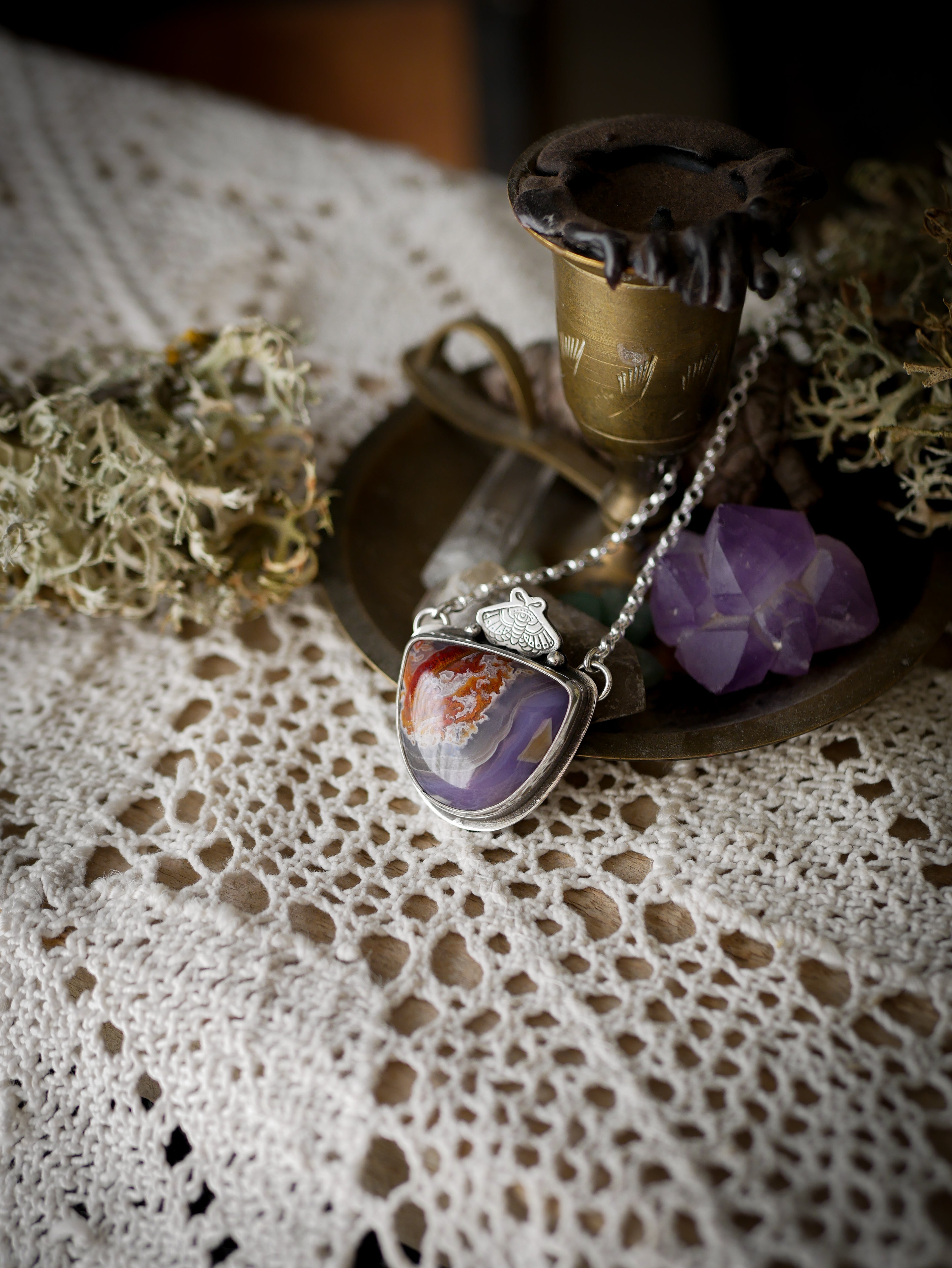 Lightworker - Nueva agate and silver necklace, stamped butterfly