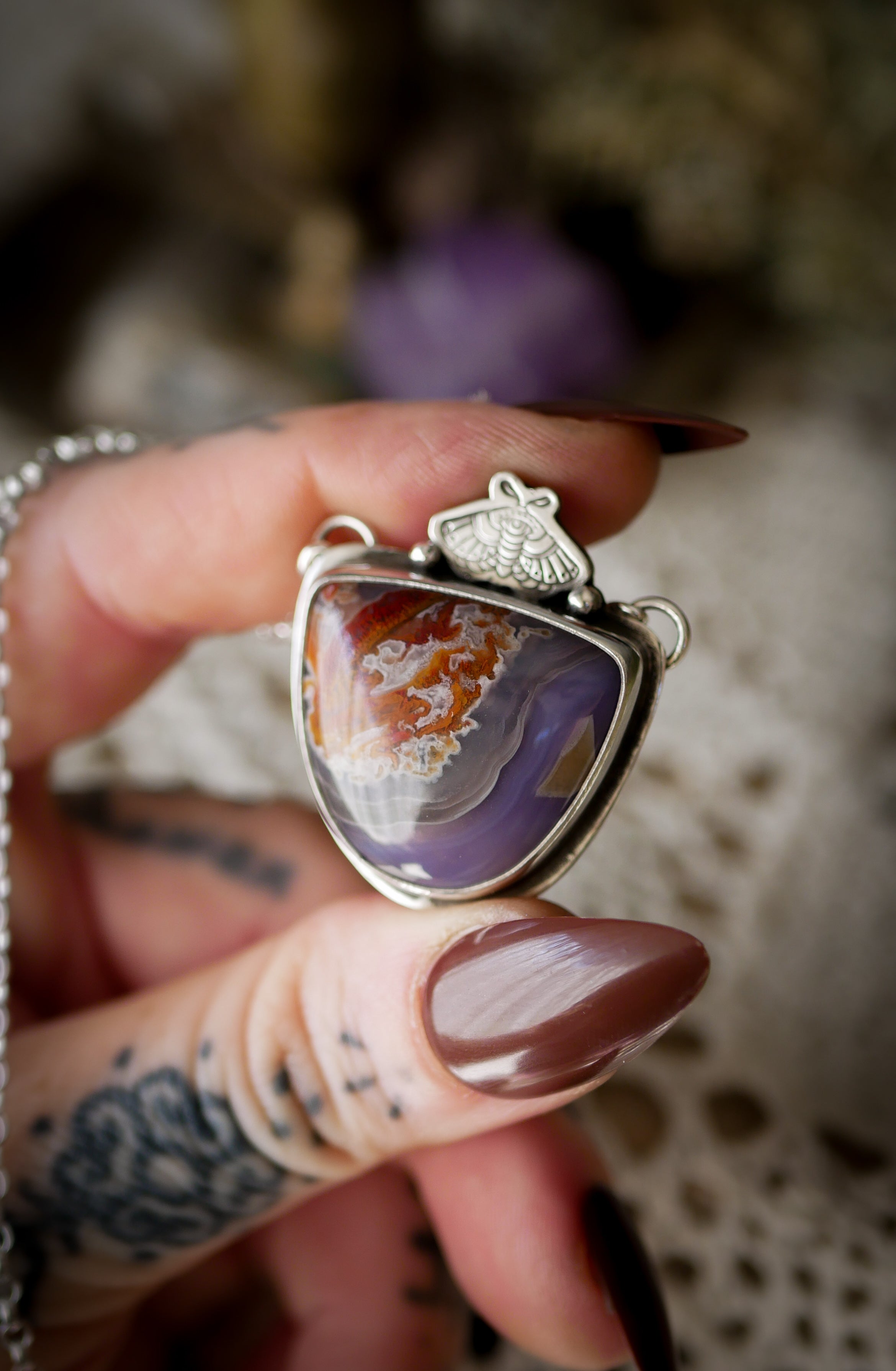 Lightworker - Nueva agate and silver necklace, stamped butterfly