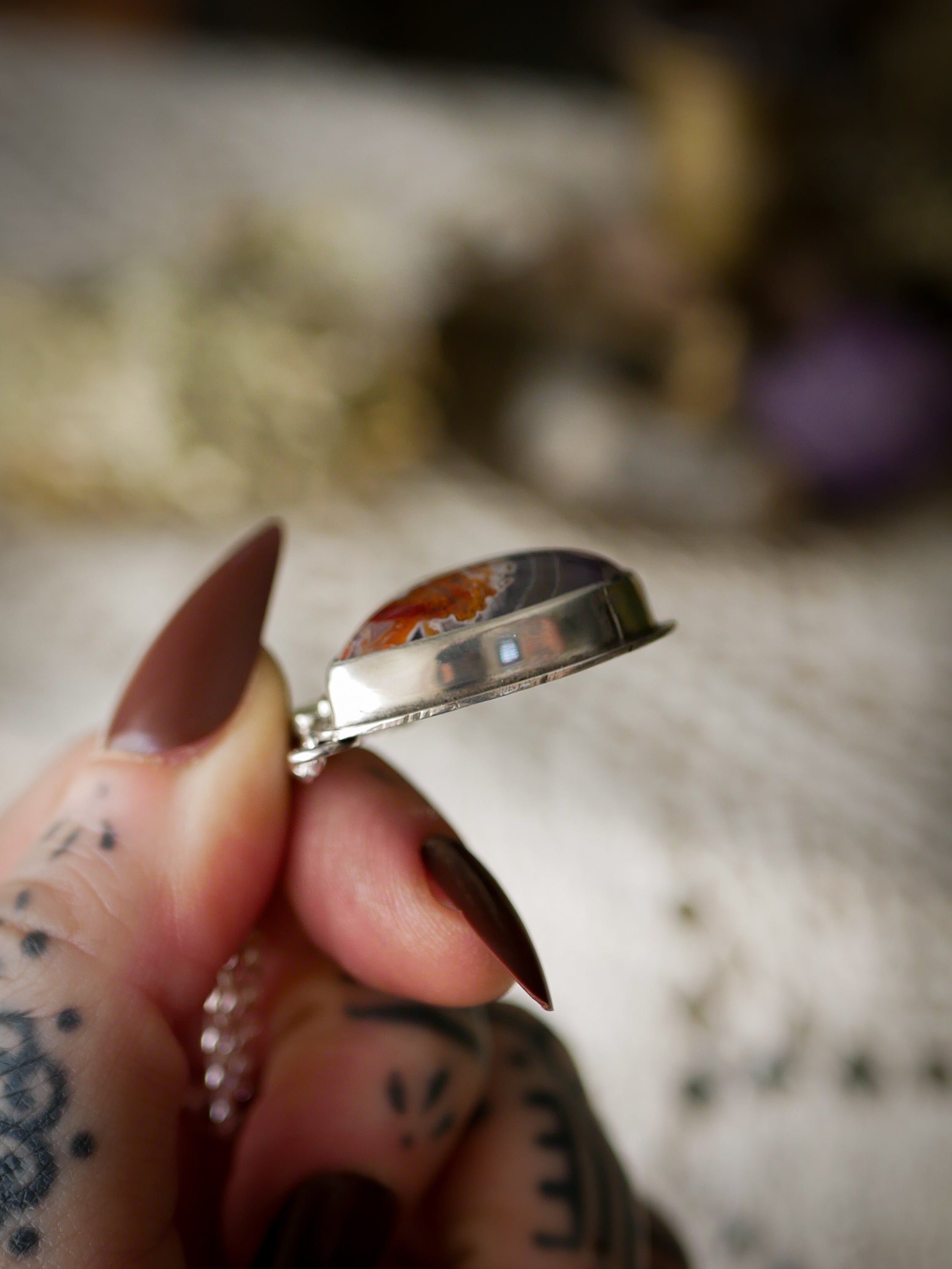 Lightworker - Nueva agate and silver necklace, stamped butterfly