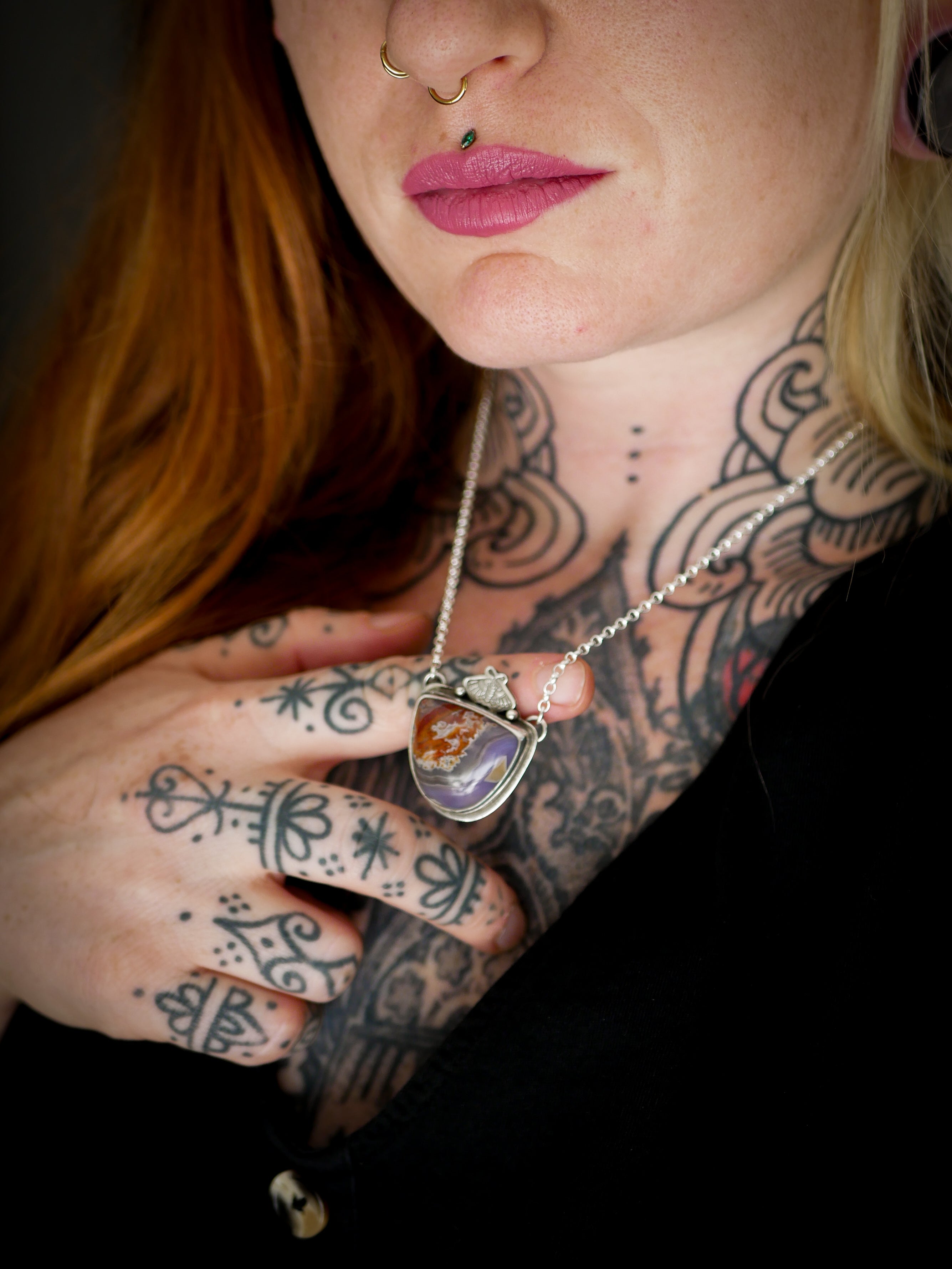 Lightworker - Nueva agate and silver necklace, stamped butterfly