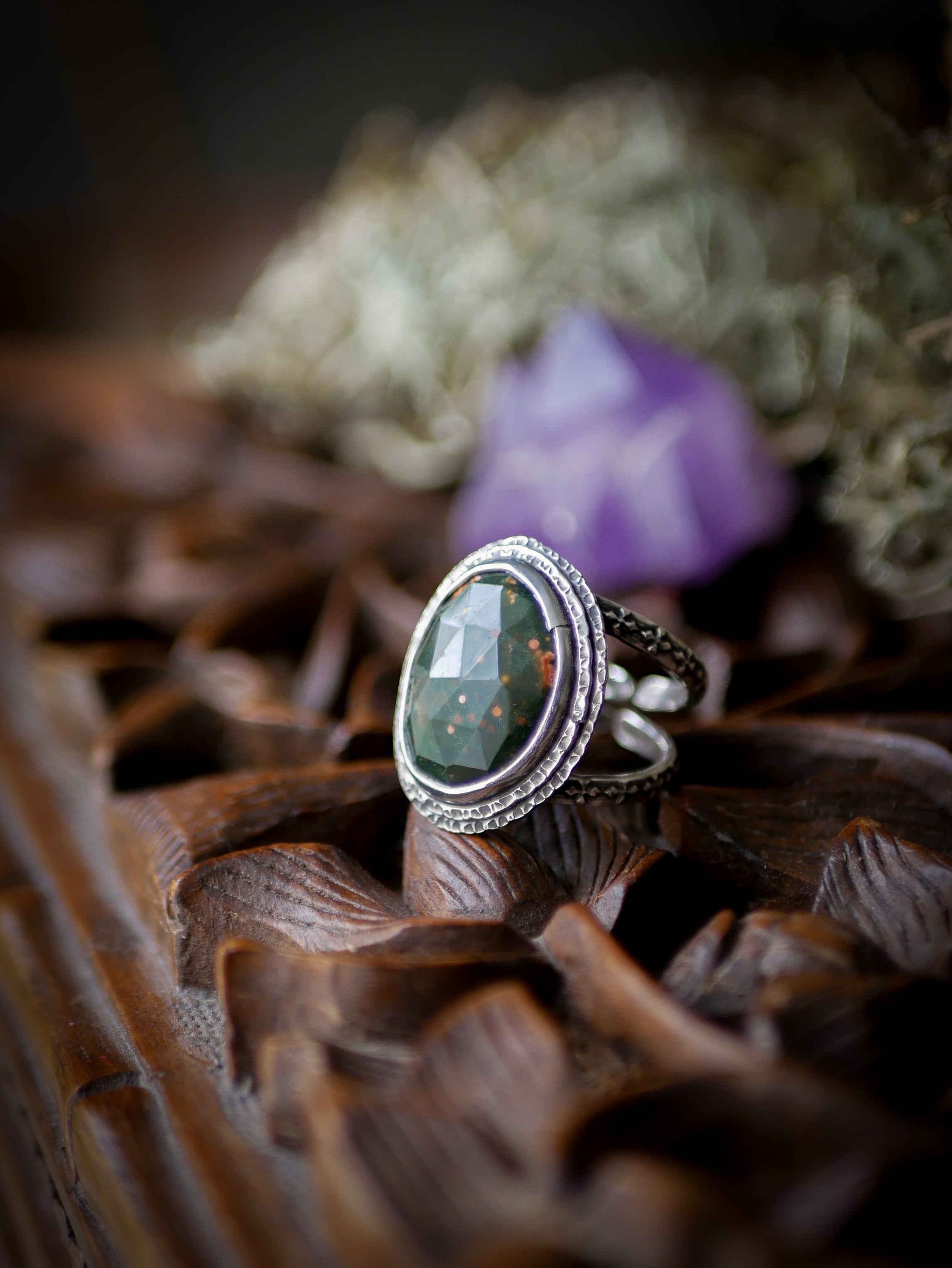 The Horned God Amulet - Faceted Ocean Jasper and Silver Ring with Maple Leaf Back