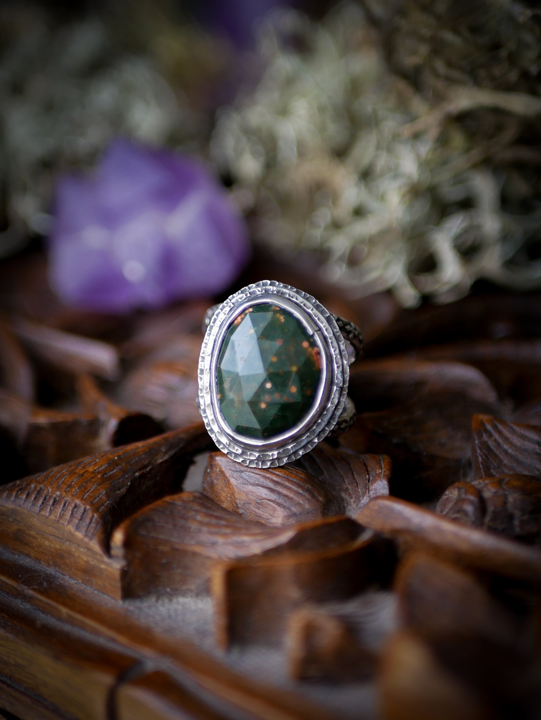 The Horned God Amulet - Faceted Ocean Jasper and Silver Ring with Maple Leaf Back