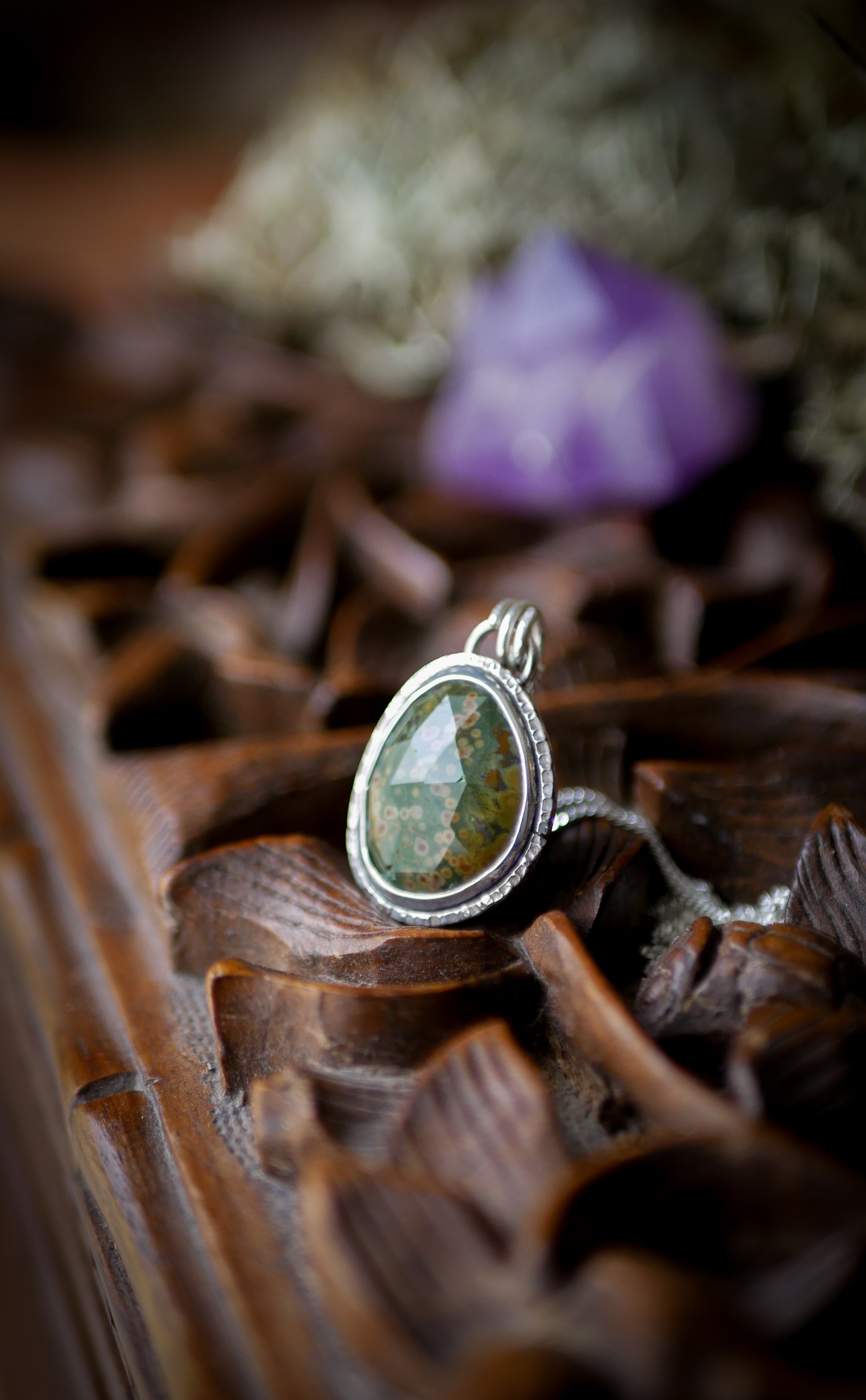 The Horned God Amulet - Faceted Ocean Jasper and Silver Necklace, Maple Leaf on the Back