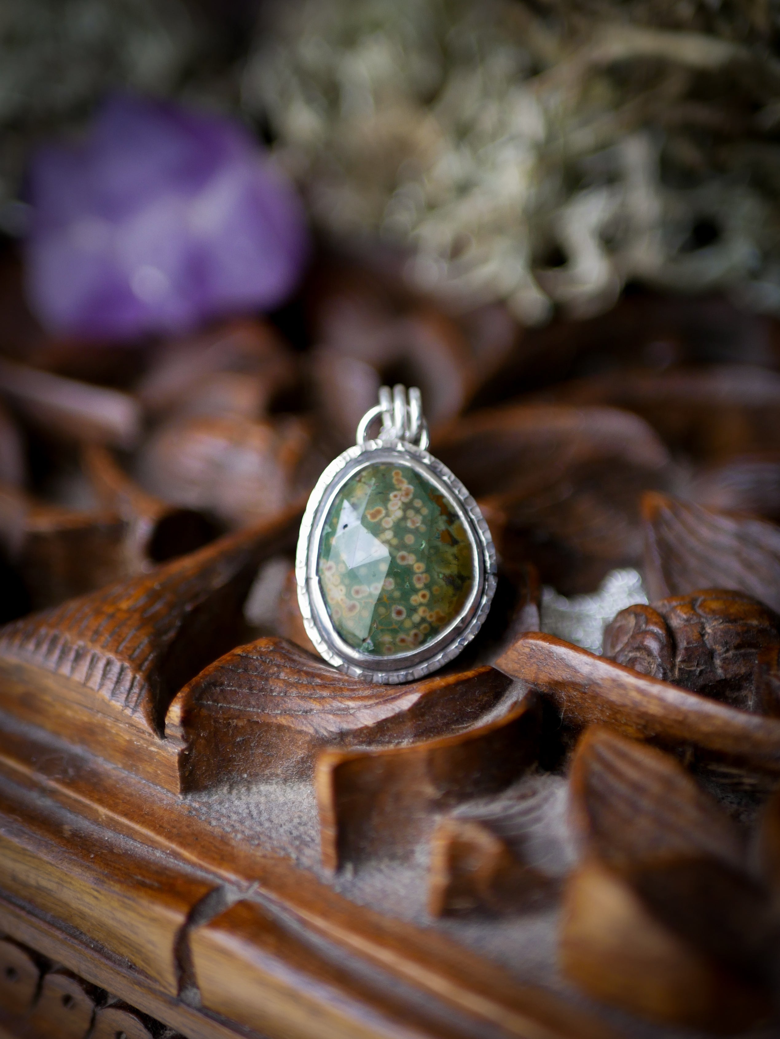 The Horned God Amulet - Faceted Ocean Jasper and Silver Necklace, Maple Leaf on the Back