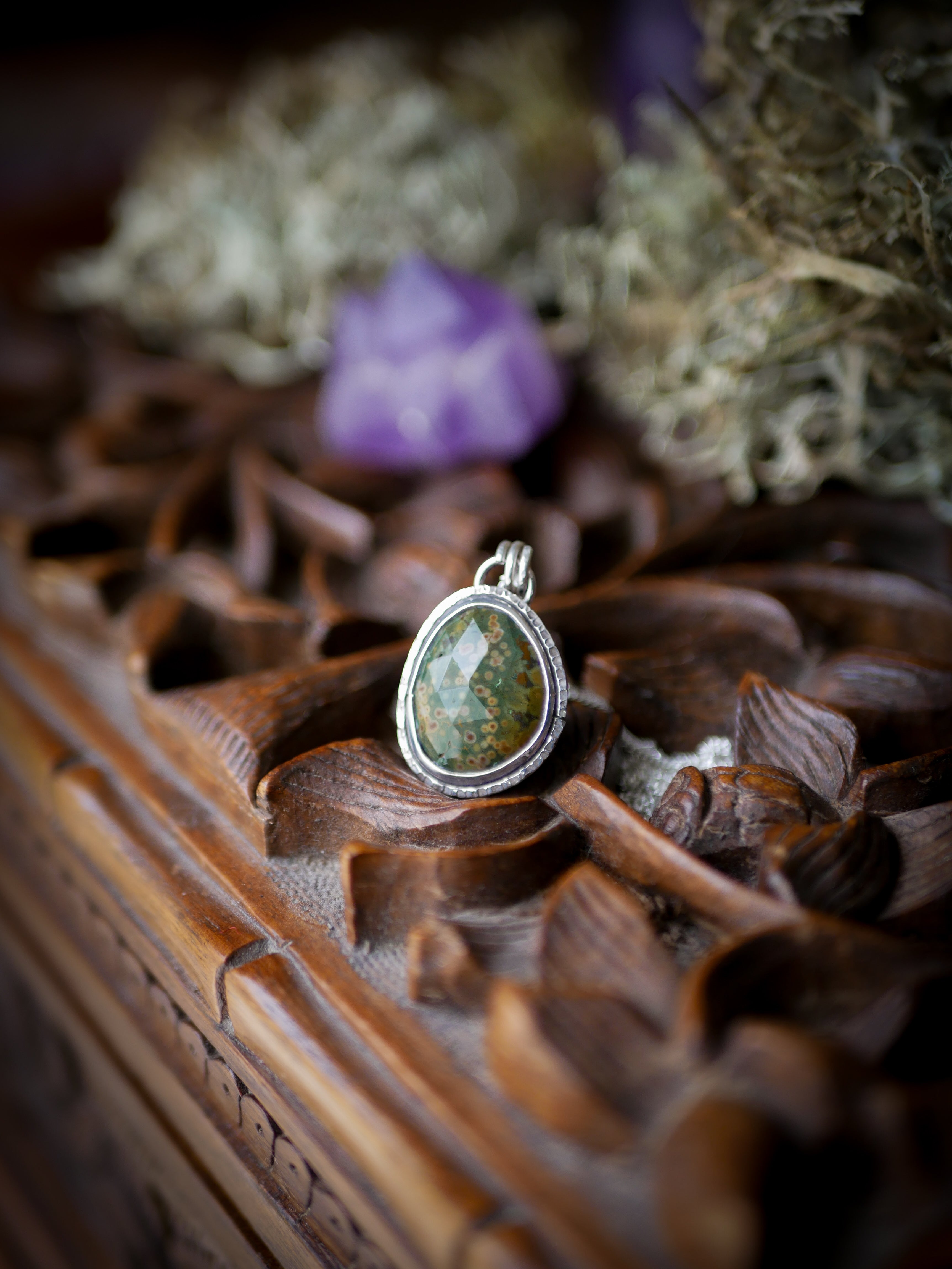 The Horned God Amulet - Faceted Ocean Jasper and Silver Necklace, Maple Leaf on the Back