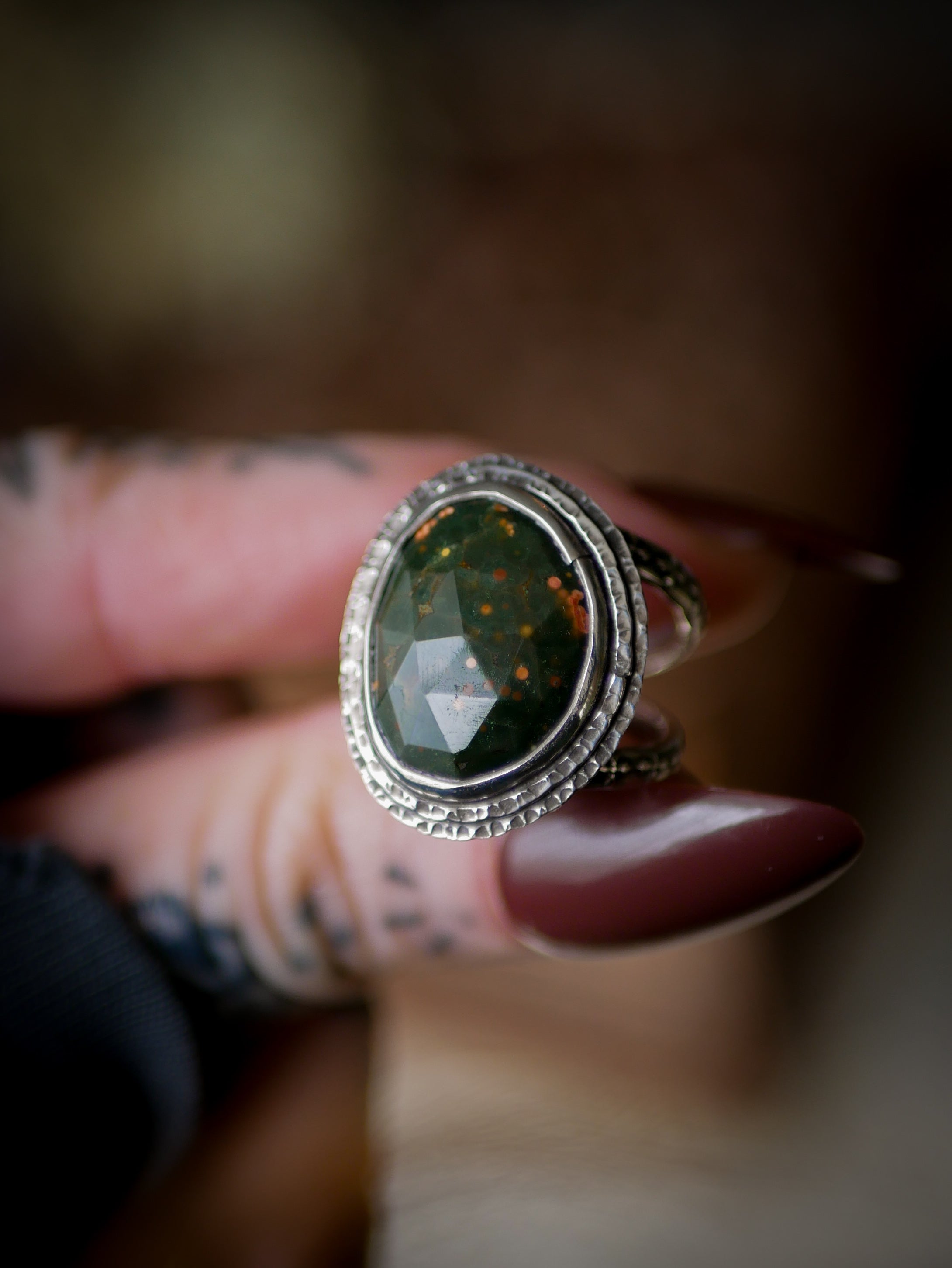 The Horned God Amulet - Faceted Ocean Jasper and Silver Ring with Maple Leaf Back