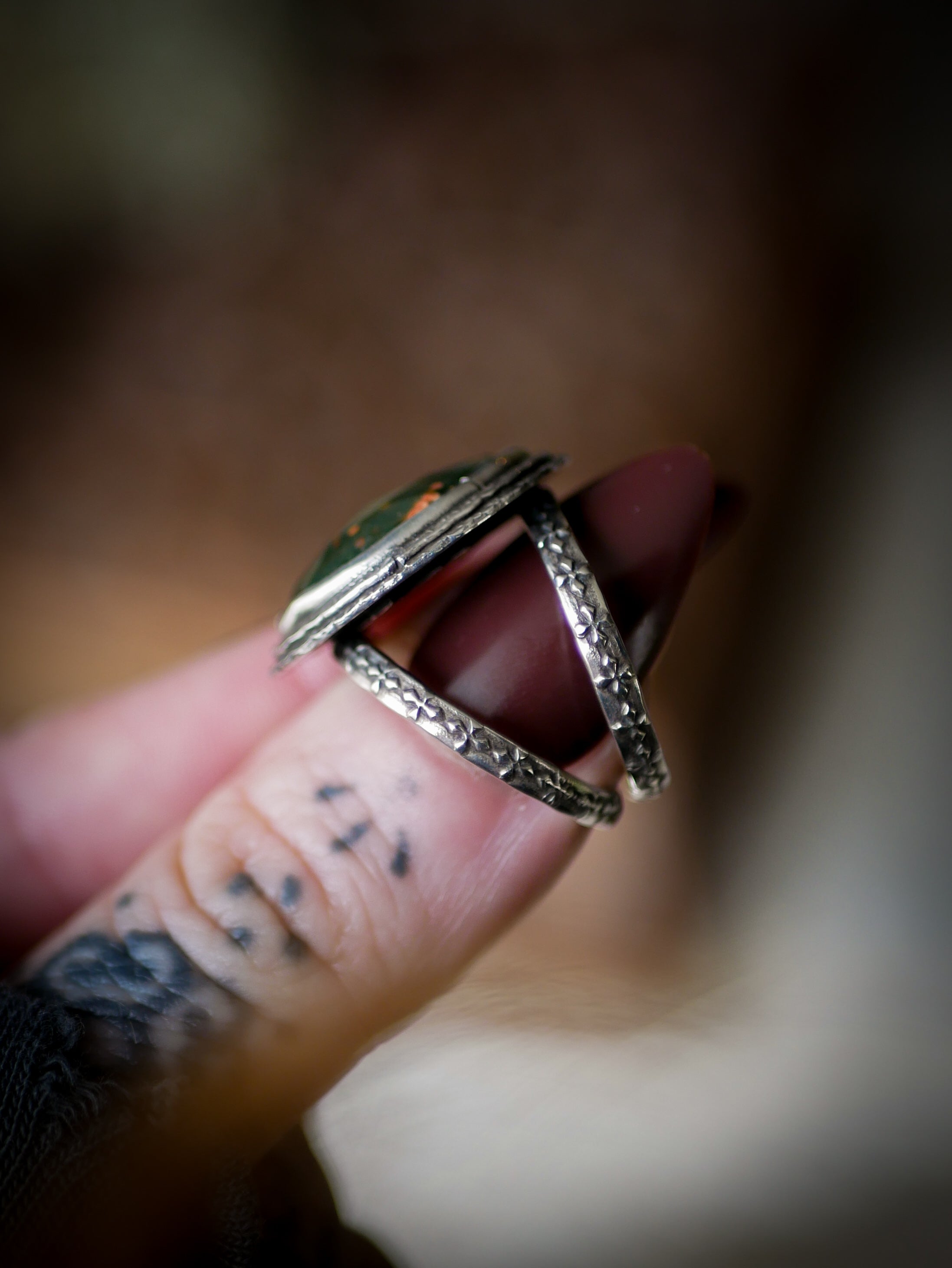 The Horned God Amulet - Faceted Ocean Jasper and Silver Ring with Maple Leaf Back