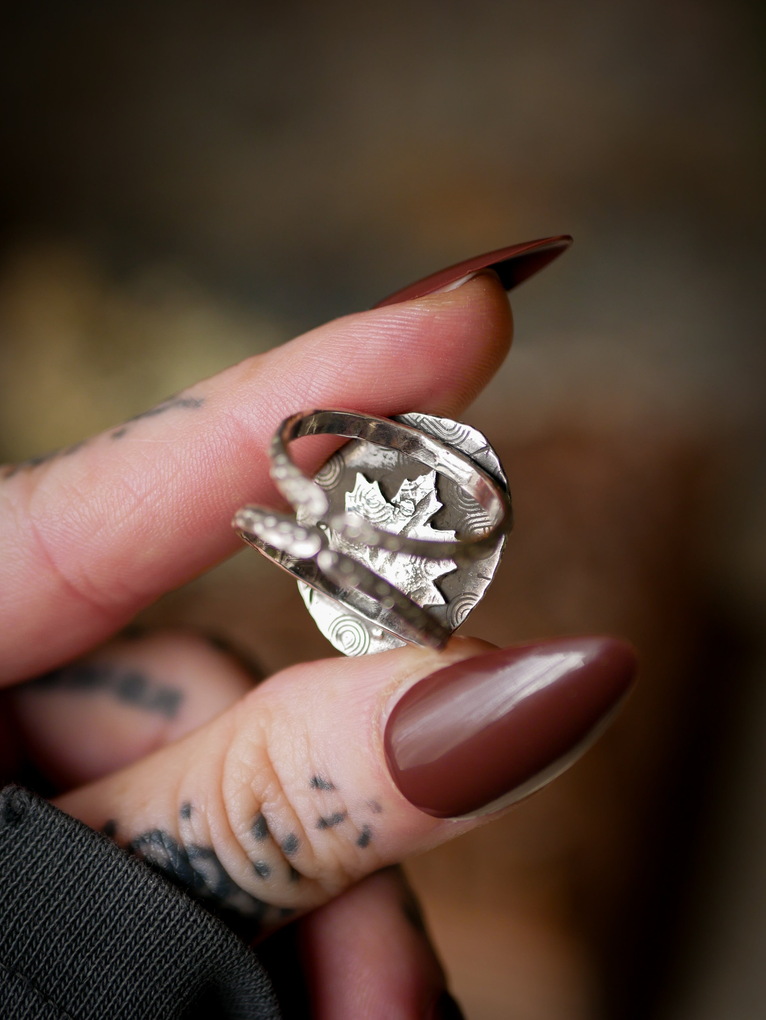 The Horned God Amulet - Faceted Ocean Jasper and Silver Ring with Maple Leaf Back