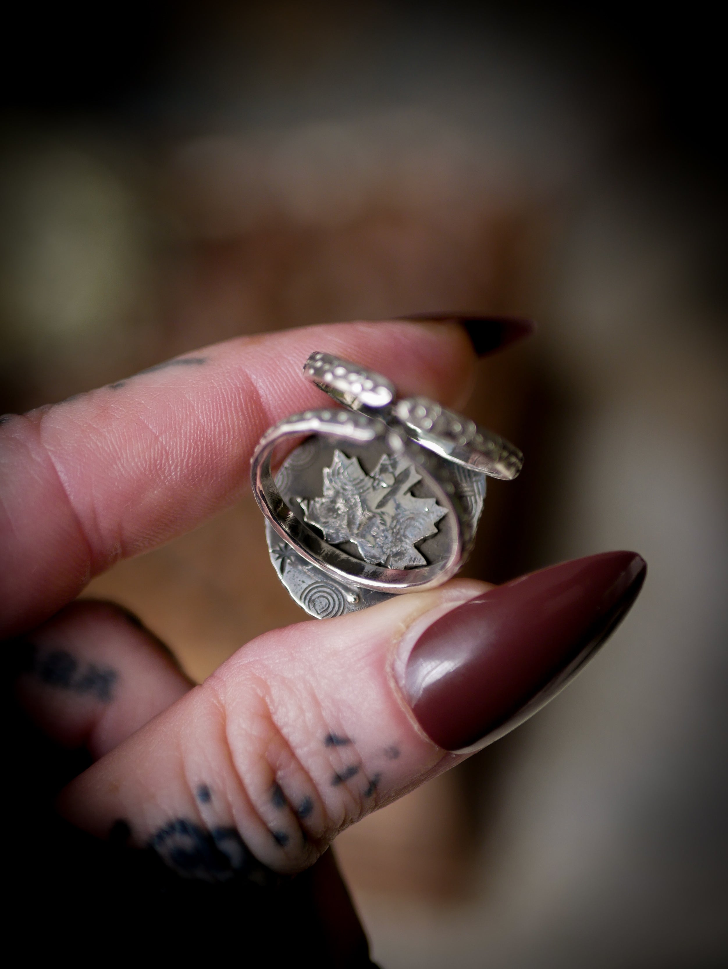The Horned God Amulet - Faceted Ocean Jasper and Silver Ring with Maple Leaf Back