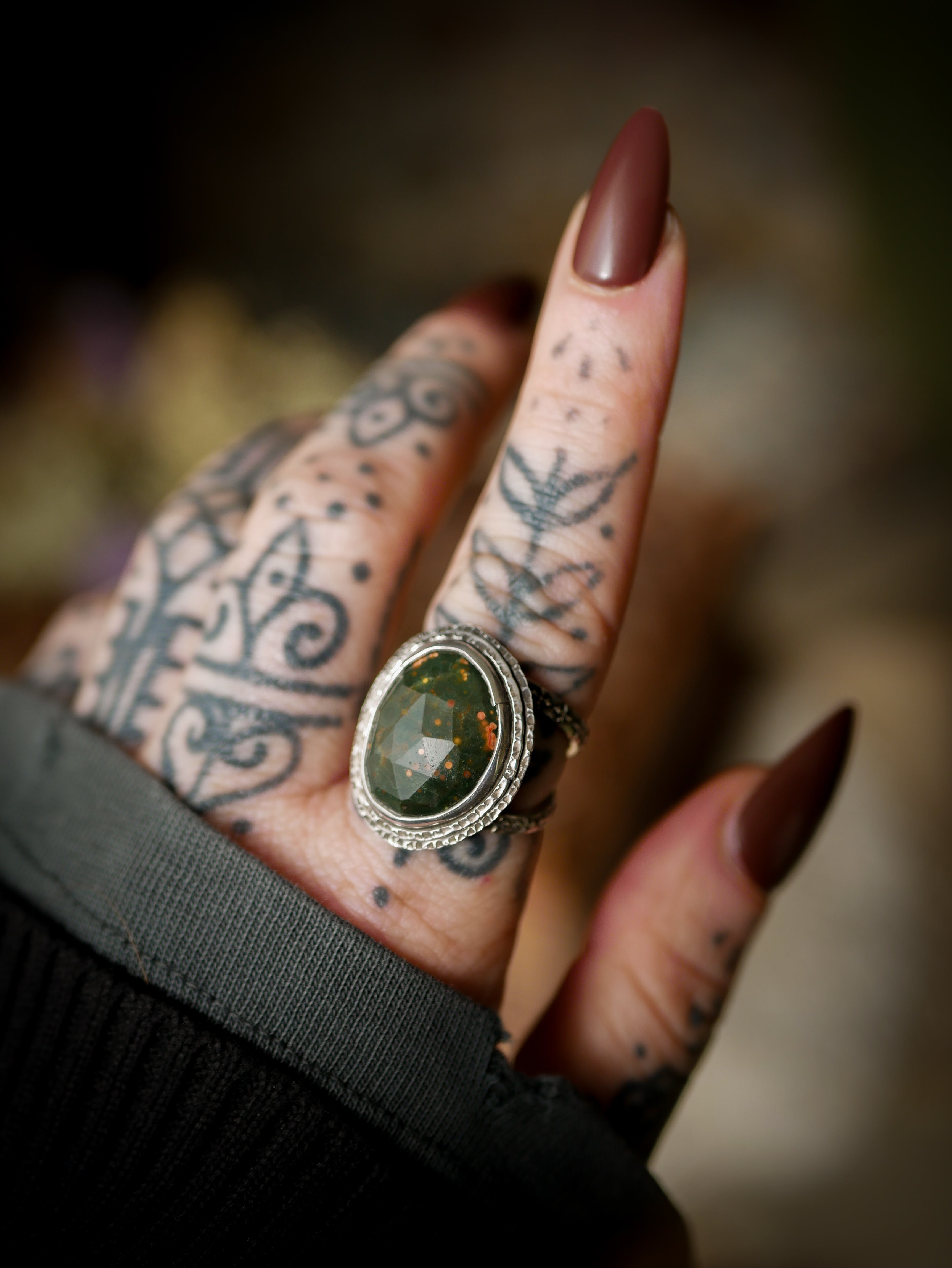 The Horned God Amulet - Faceted Ocean Jasper and Silver Ring with Maple Leaf Back