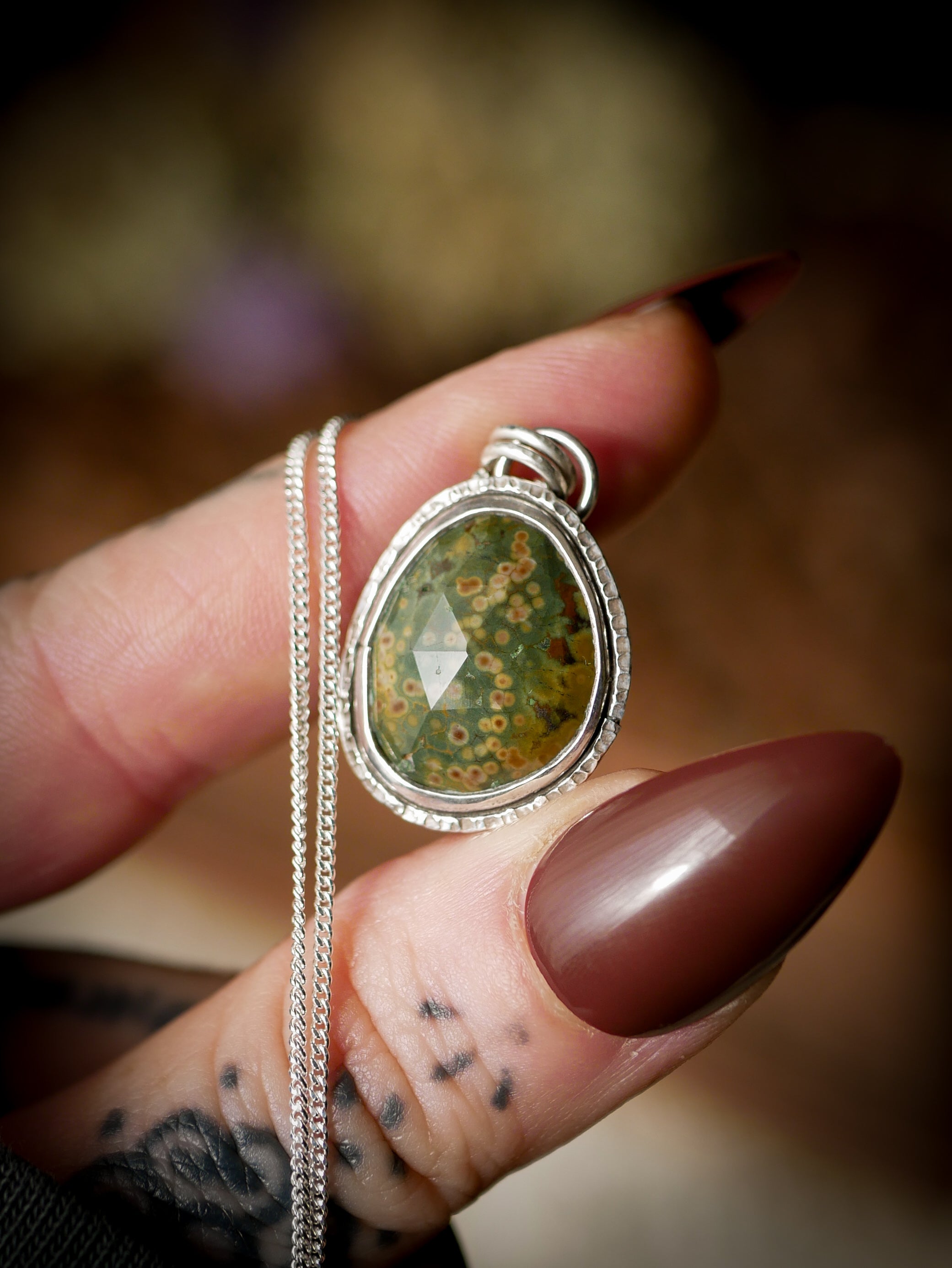 The Horned God Amulet - Faceted Ocean Jasper and Silver Necklace, Maple Leaf on the Back