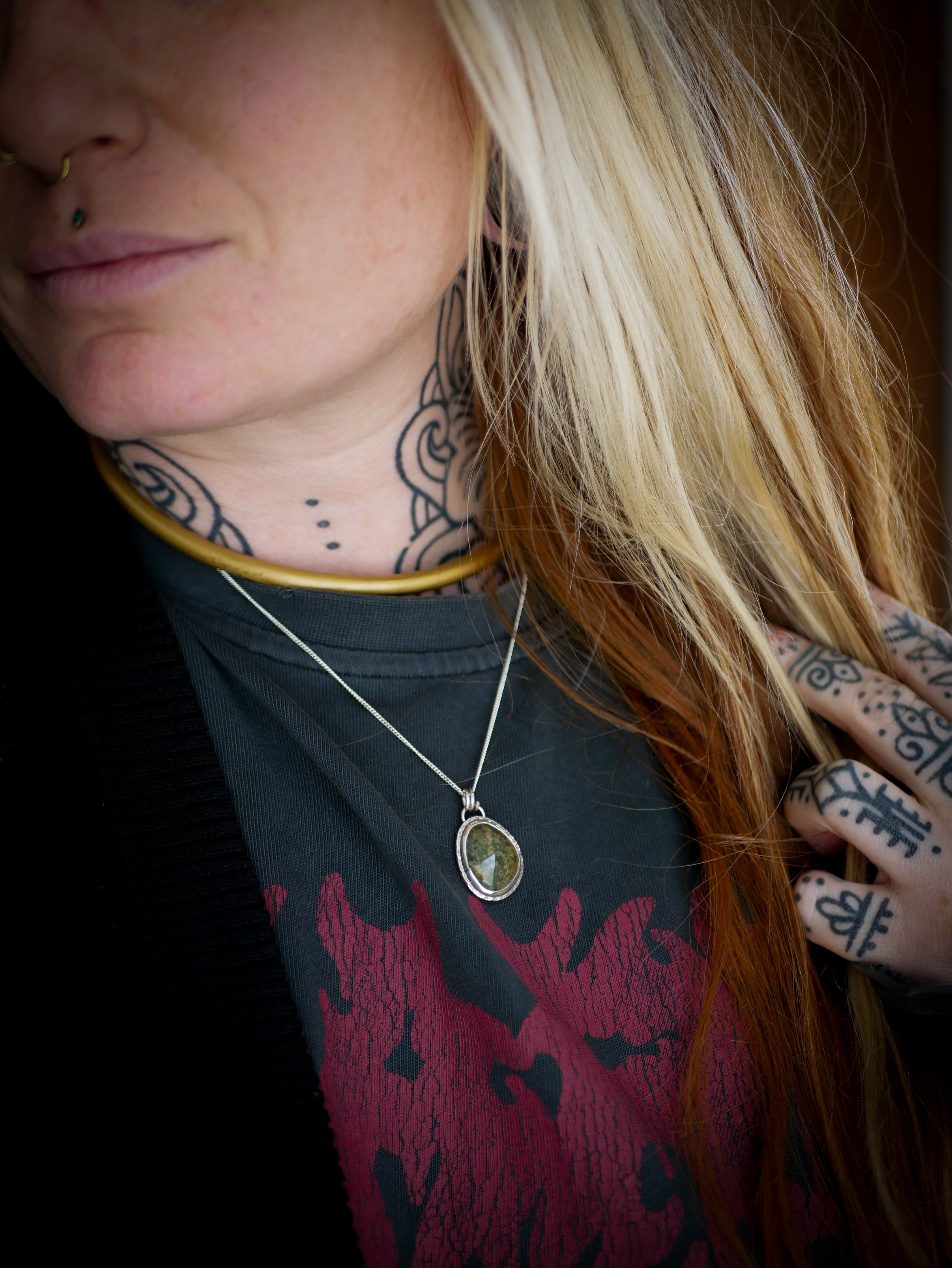 The Horned God Amulet - Faceted Ocean Jasper and Silver Necklace, Maple Leaf on the Back