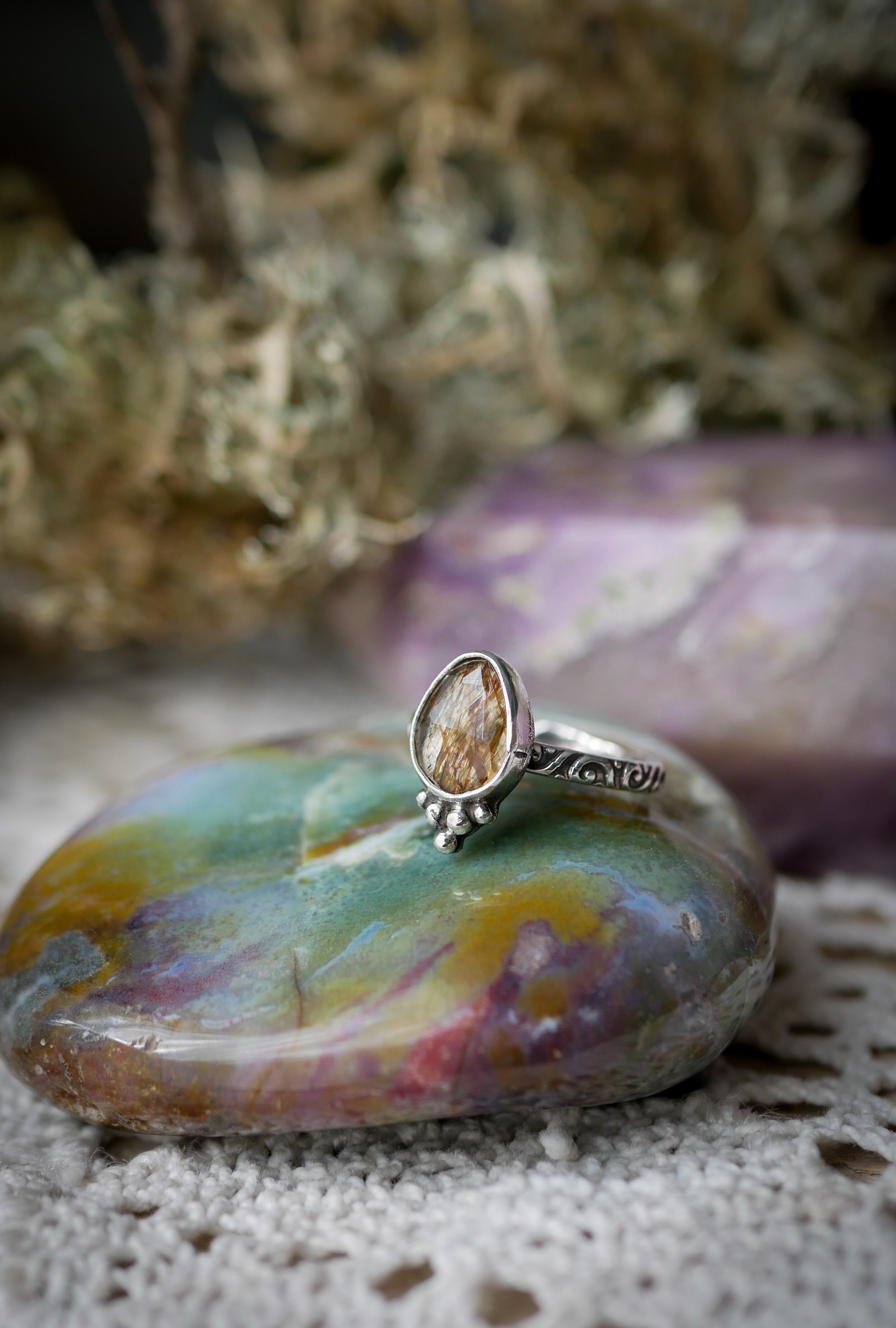 Vasudhārā - Faceted Golden Rutilated Quartz and Silver Ring