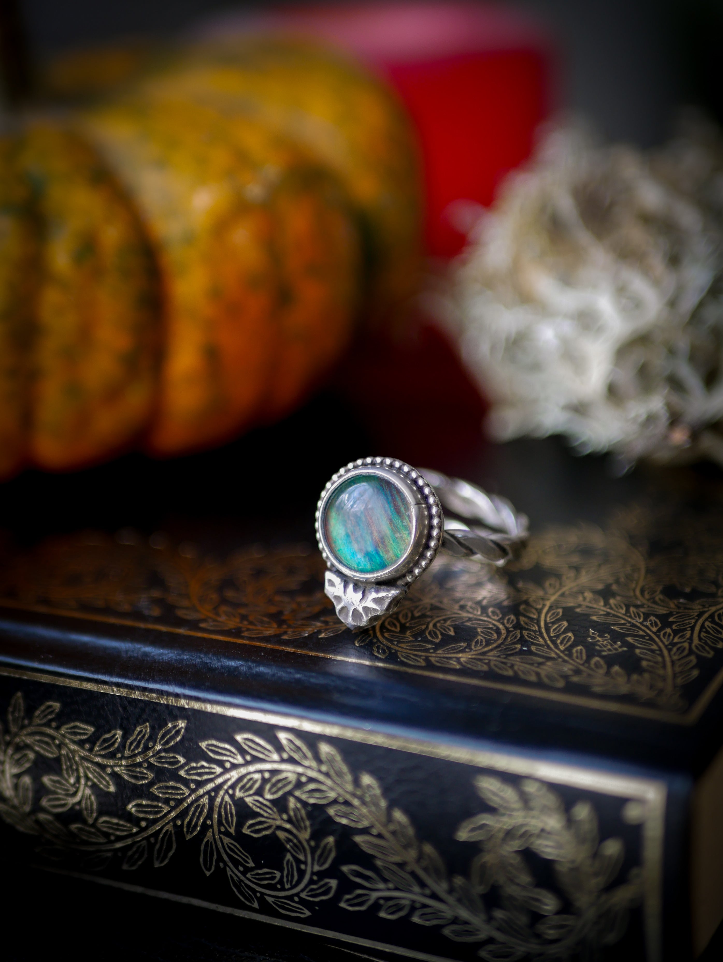The Soul of the Night - Aurora Opal and Silver Ring, Forged Bat