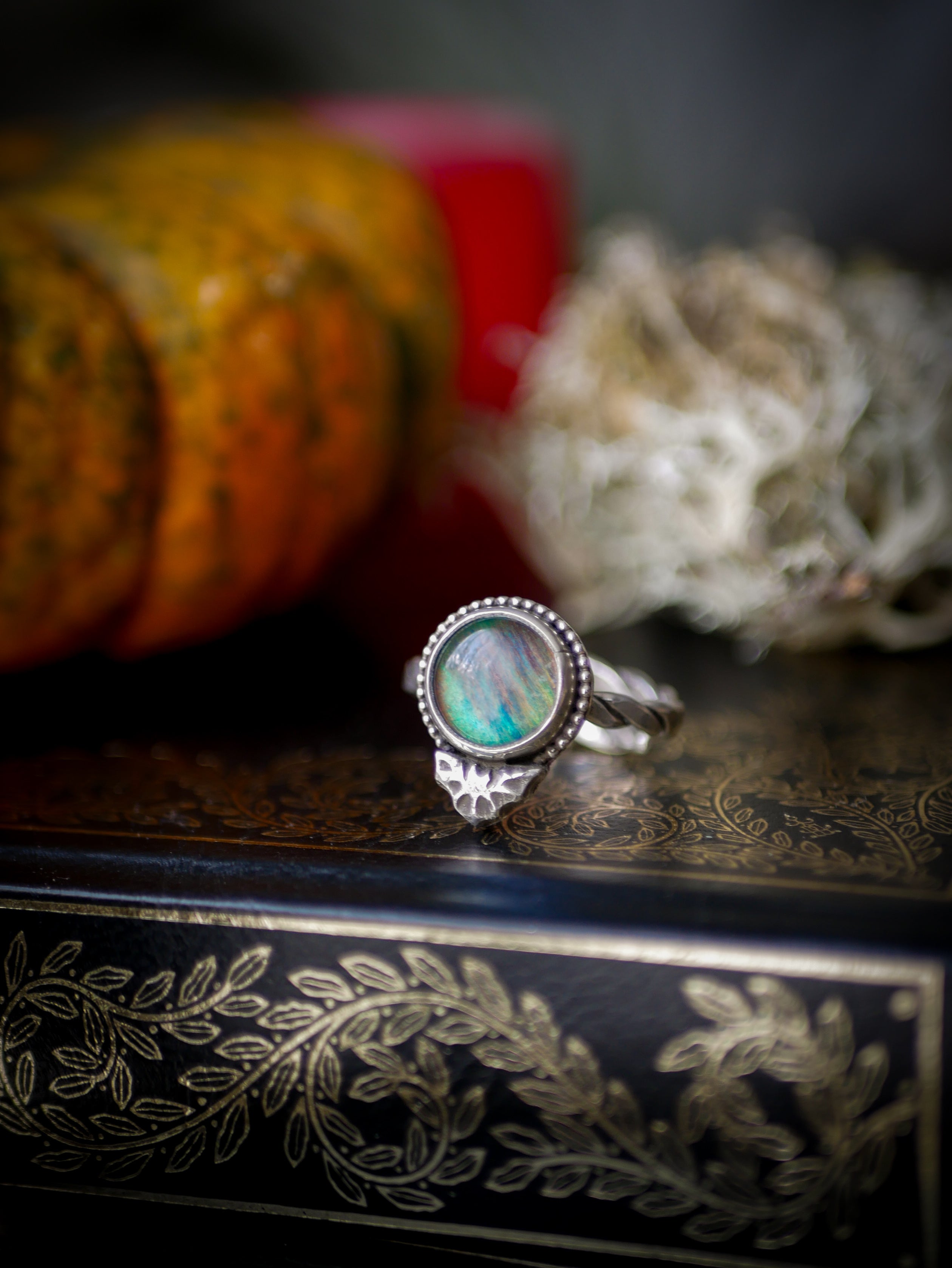 The Soul of the Night - Aurora Opal and Silver Ring, Forged Bat