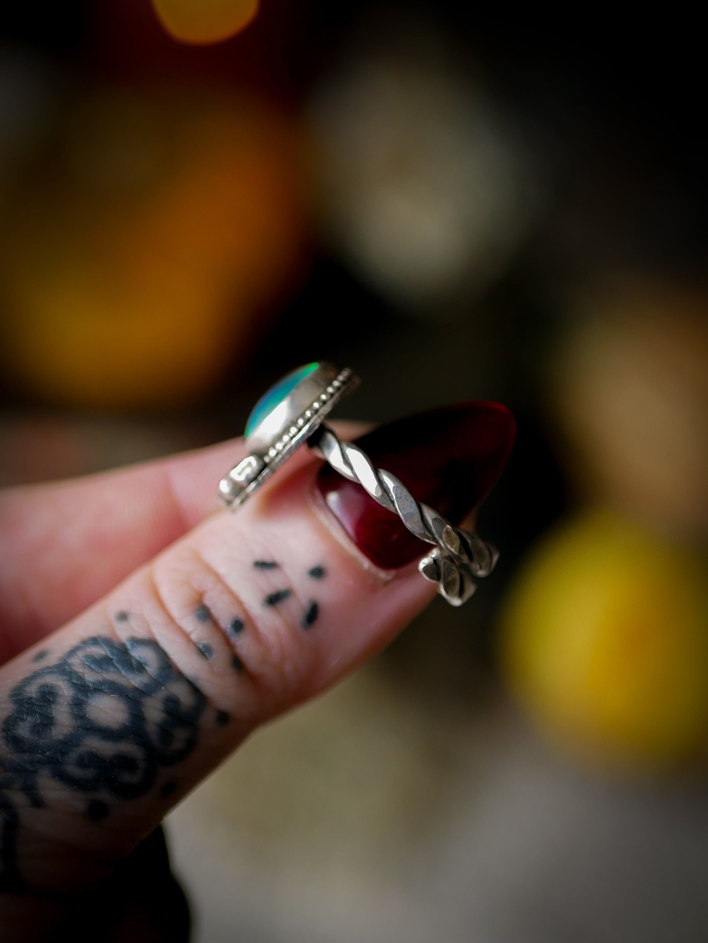 The Soul of the Night - Aurora Opal and Silver Ring, Forged Bat