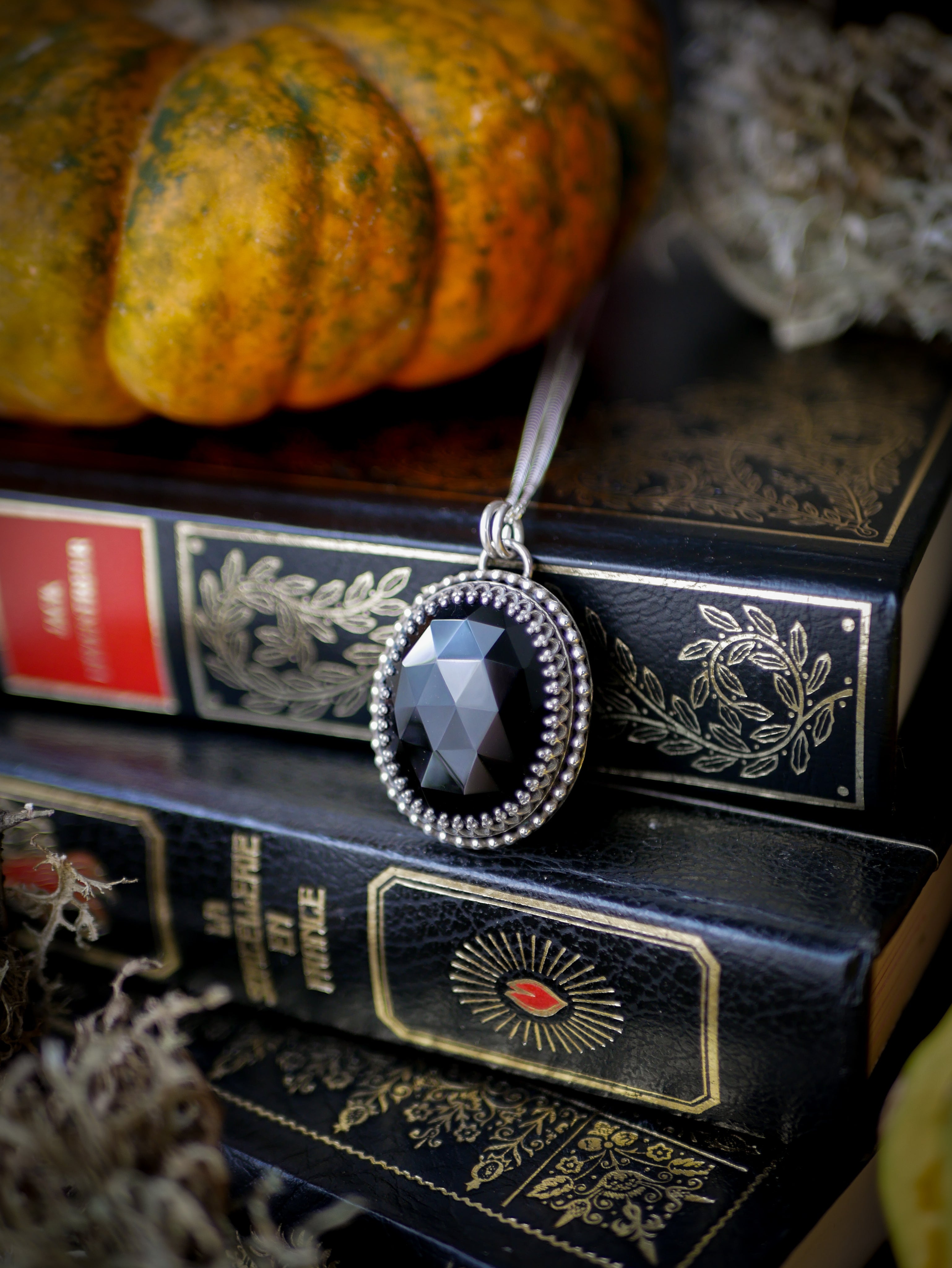 The Omen - Faceted black onyx and silver necklace, raven on the back