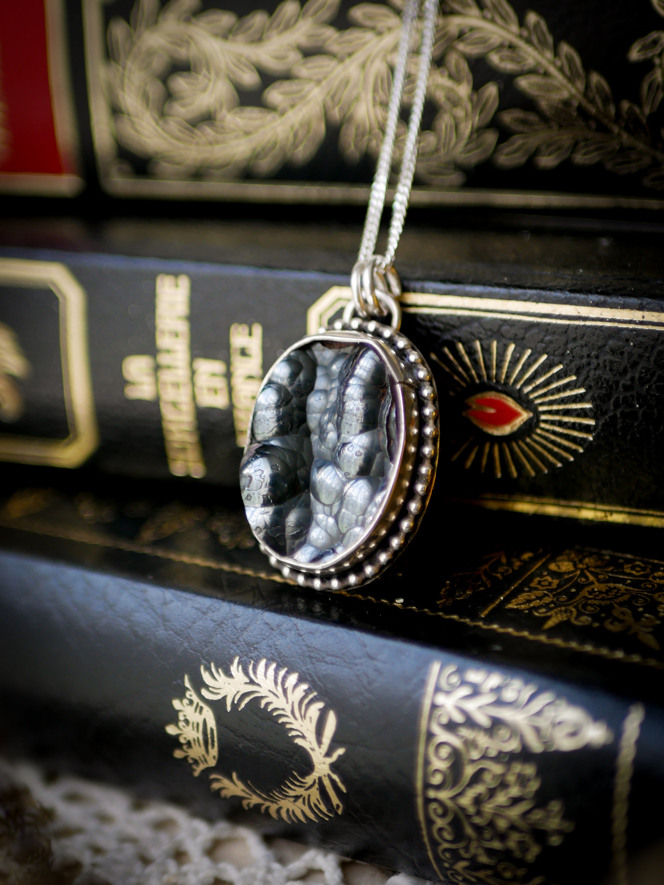 Samhain - Botryoidal Hematite Necklace, Silver and Forged Pentagram on Back