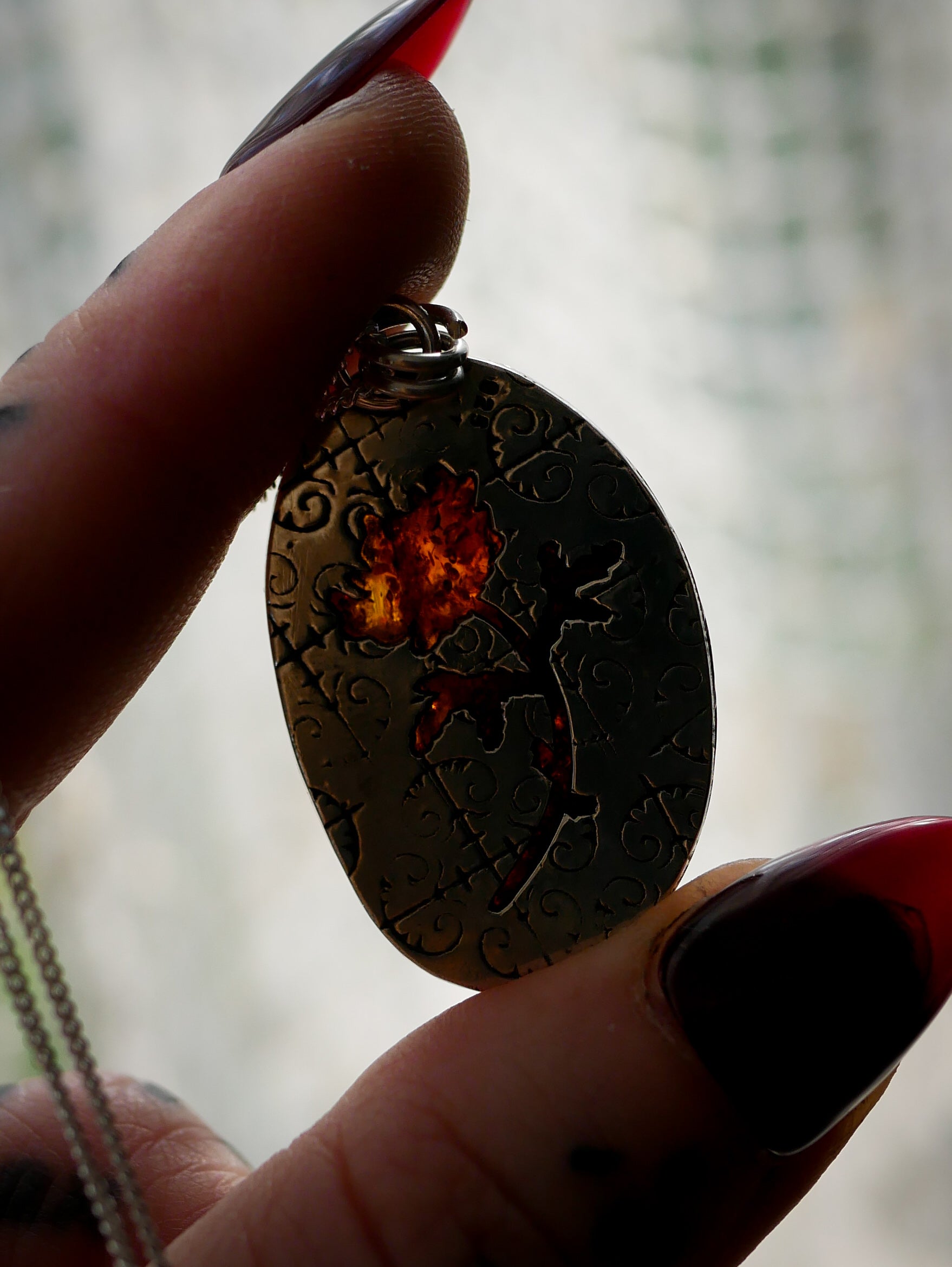 The Veil - Baltic amber and silver necklace, chrysanthemum on the back
