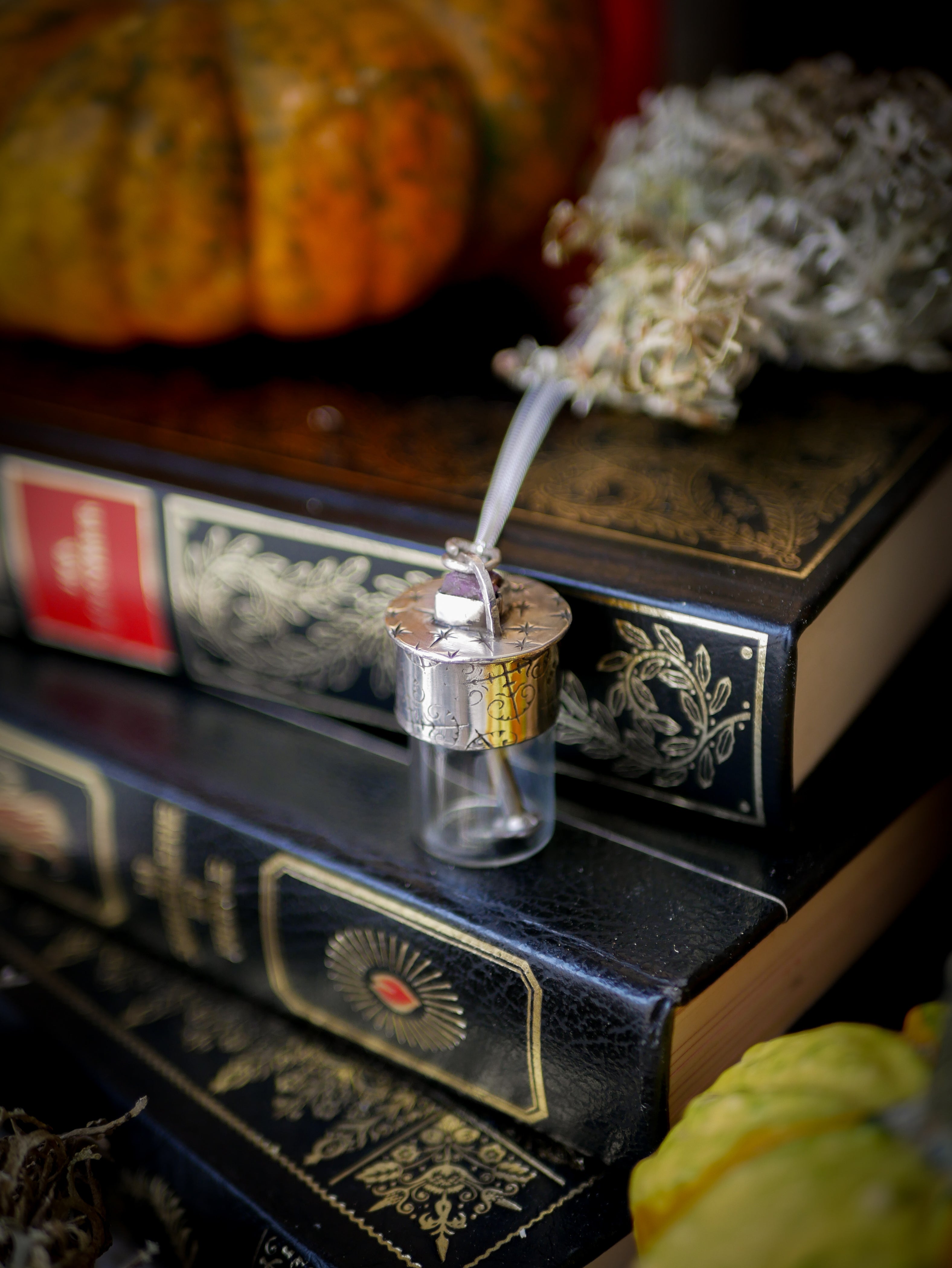 The Necromancer - Silver, Glass, Coffin Nail, and Raw Ruby Vial Necklace
