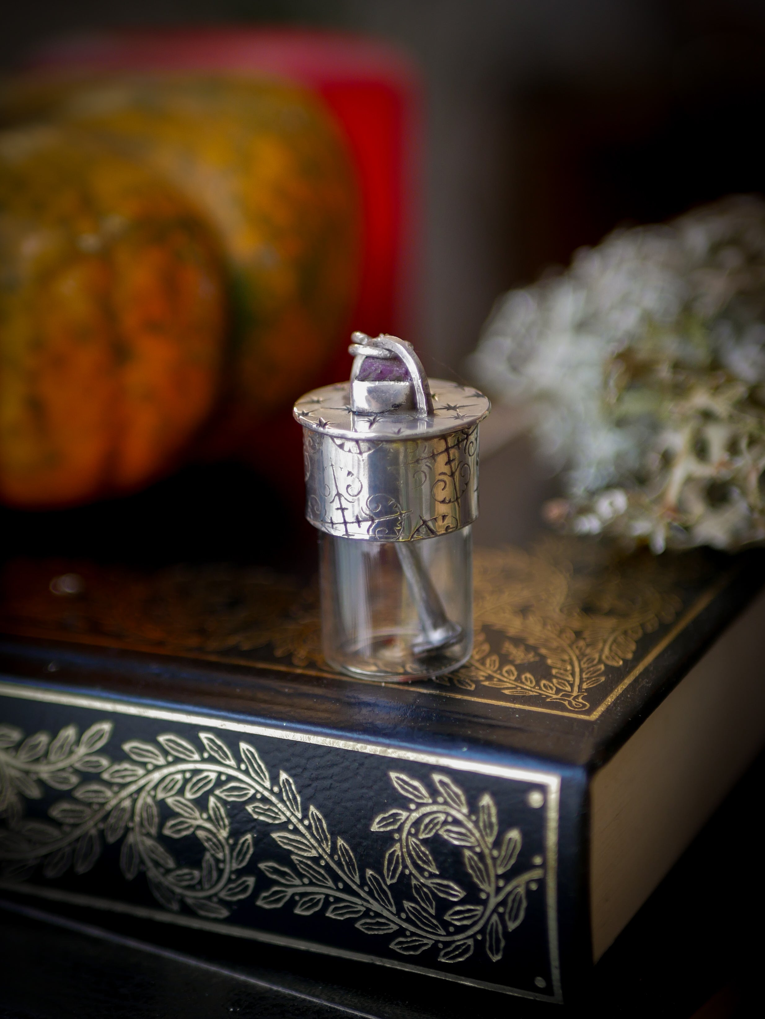 The Necromancer - Silver, Glass, Coffin Nail, and Raw Ruby Vial Necklace