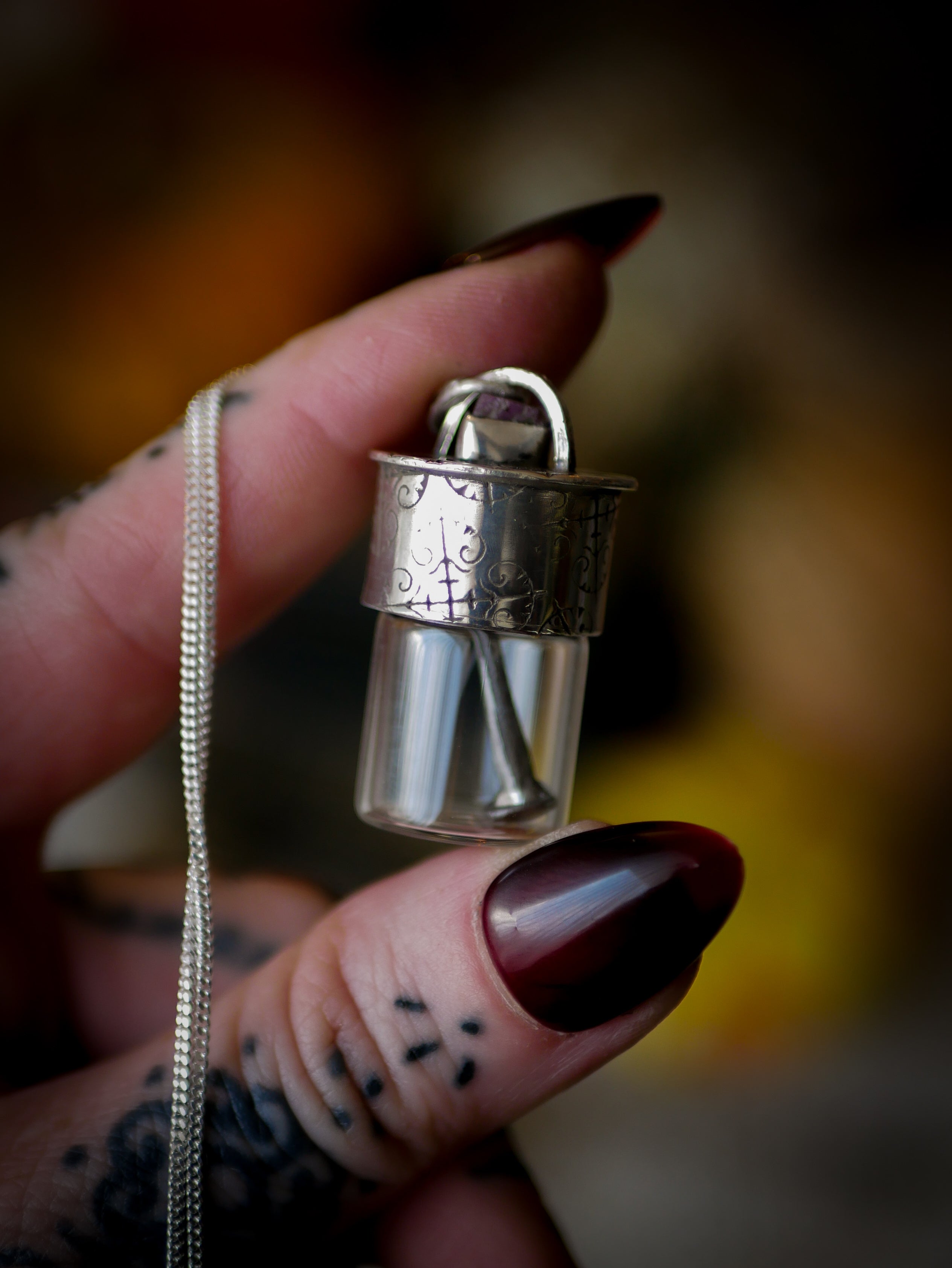 The Necromancer - Silver, Glass, Coffin Nail, and Raw Ruby Vial Necklace