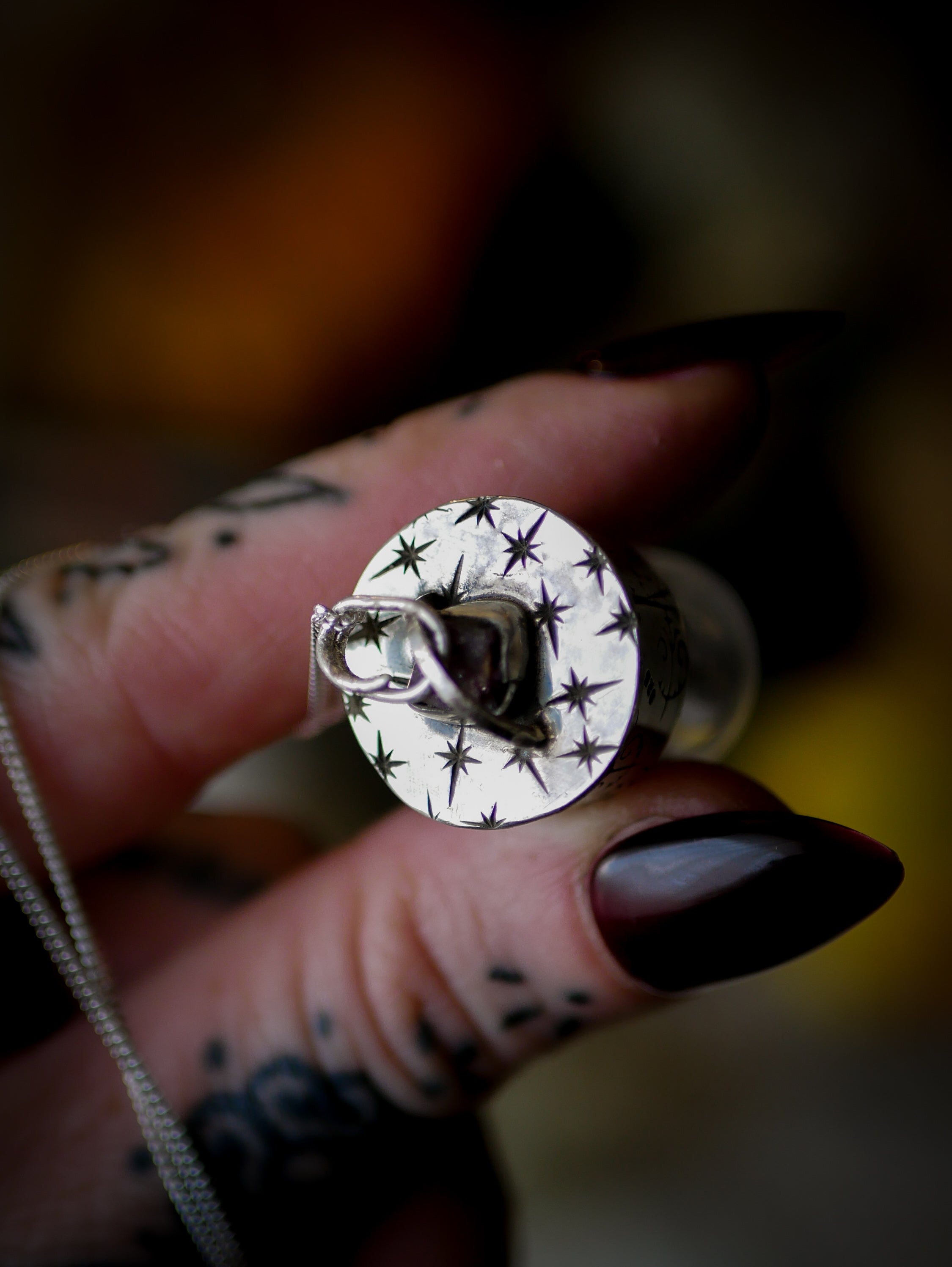 The Necromancer - Silver, Glass, Coffin Nail, and Raw Ruby Vial Necklace