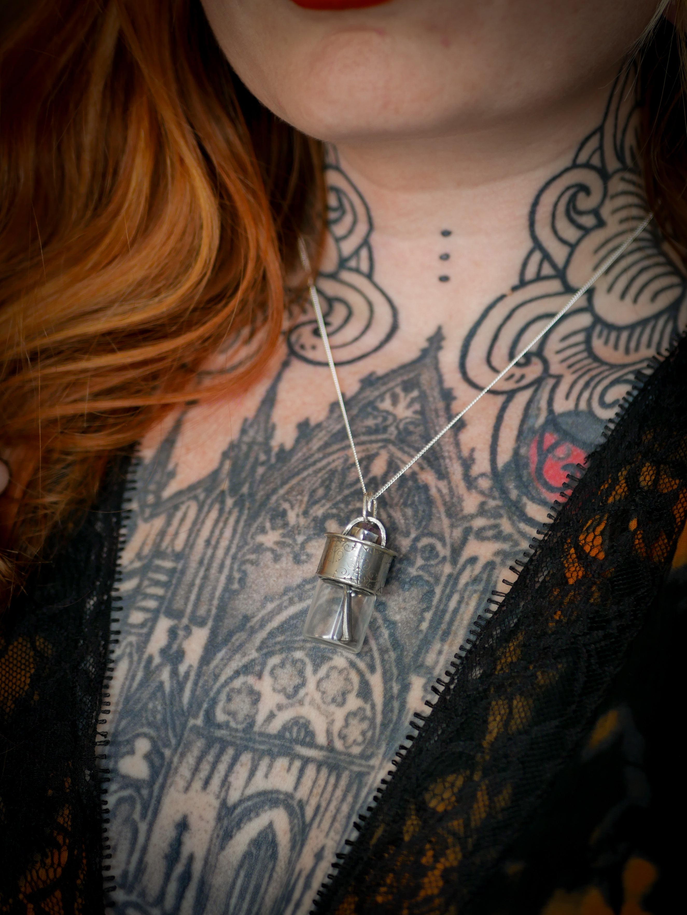 The Necromancer - Silver, Glass, Coffin Nail, and Raw Ruby Vial Necklace