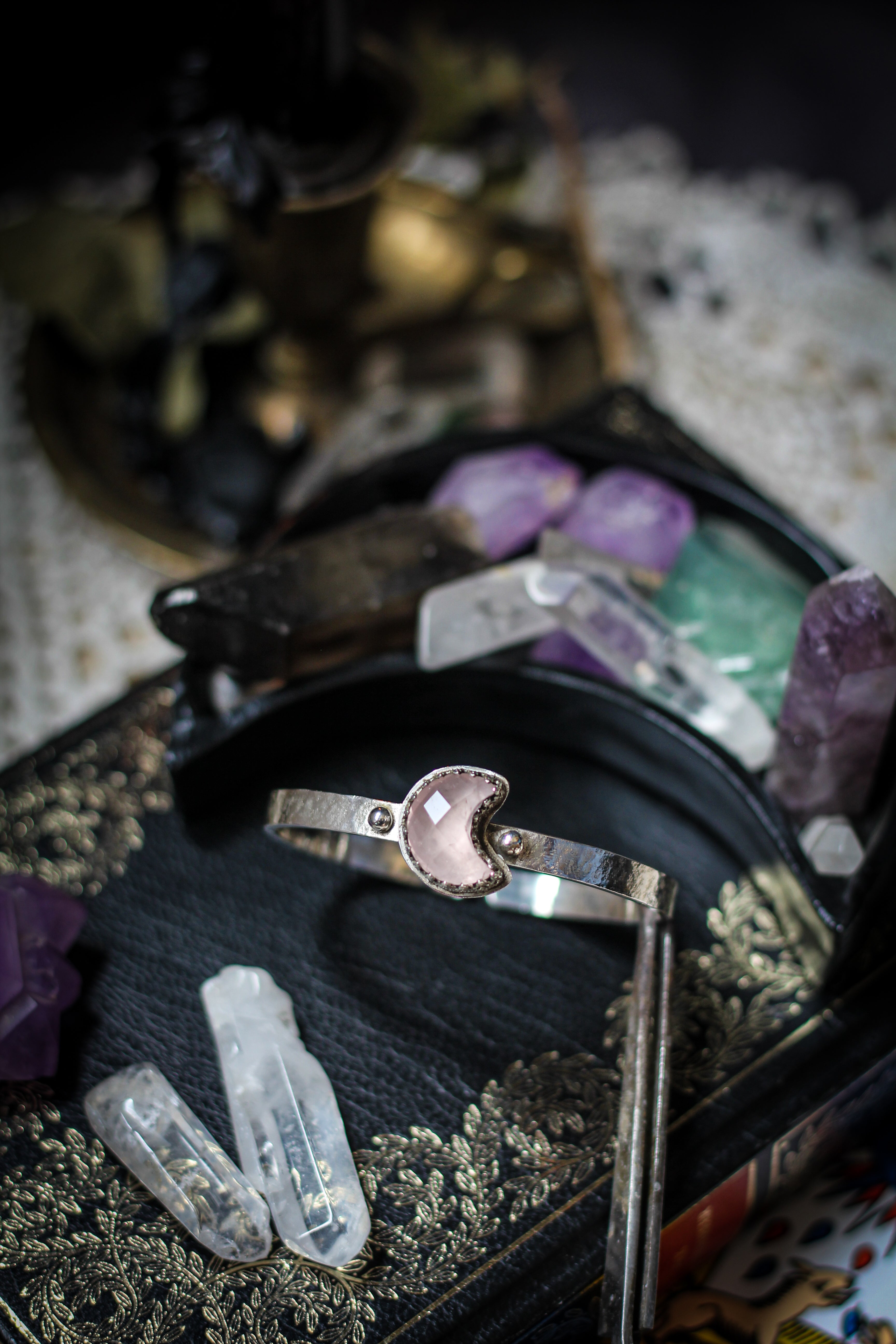 Moon Witch - Moon bangle bracelet in faceted rose quartz and silver