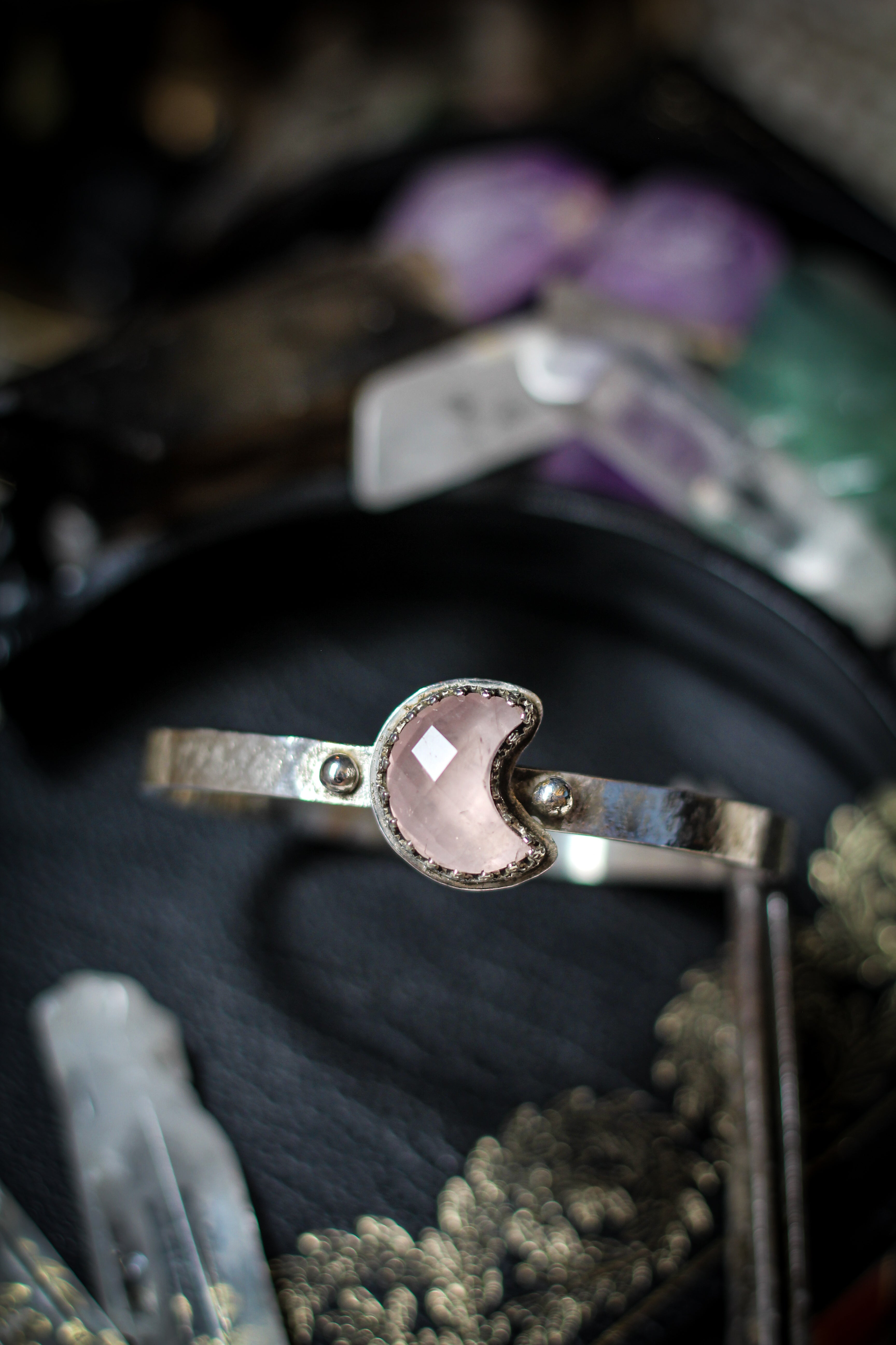 Moon Witch - Moon bangle bracelet in faceted rose quartz and silver