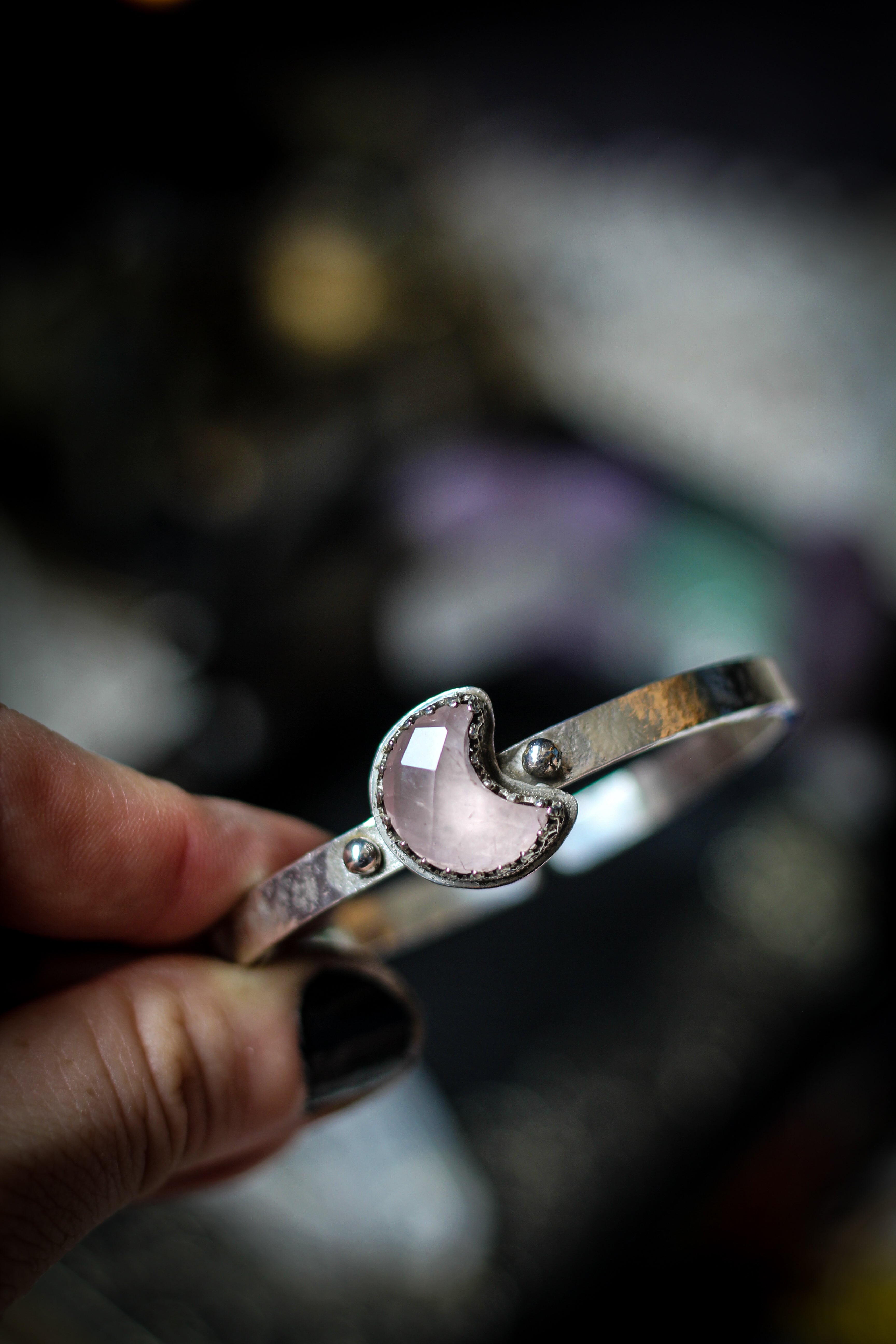 Moon Witch - Moon bangle bracelet in faceted rose quartz and silver