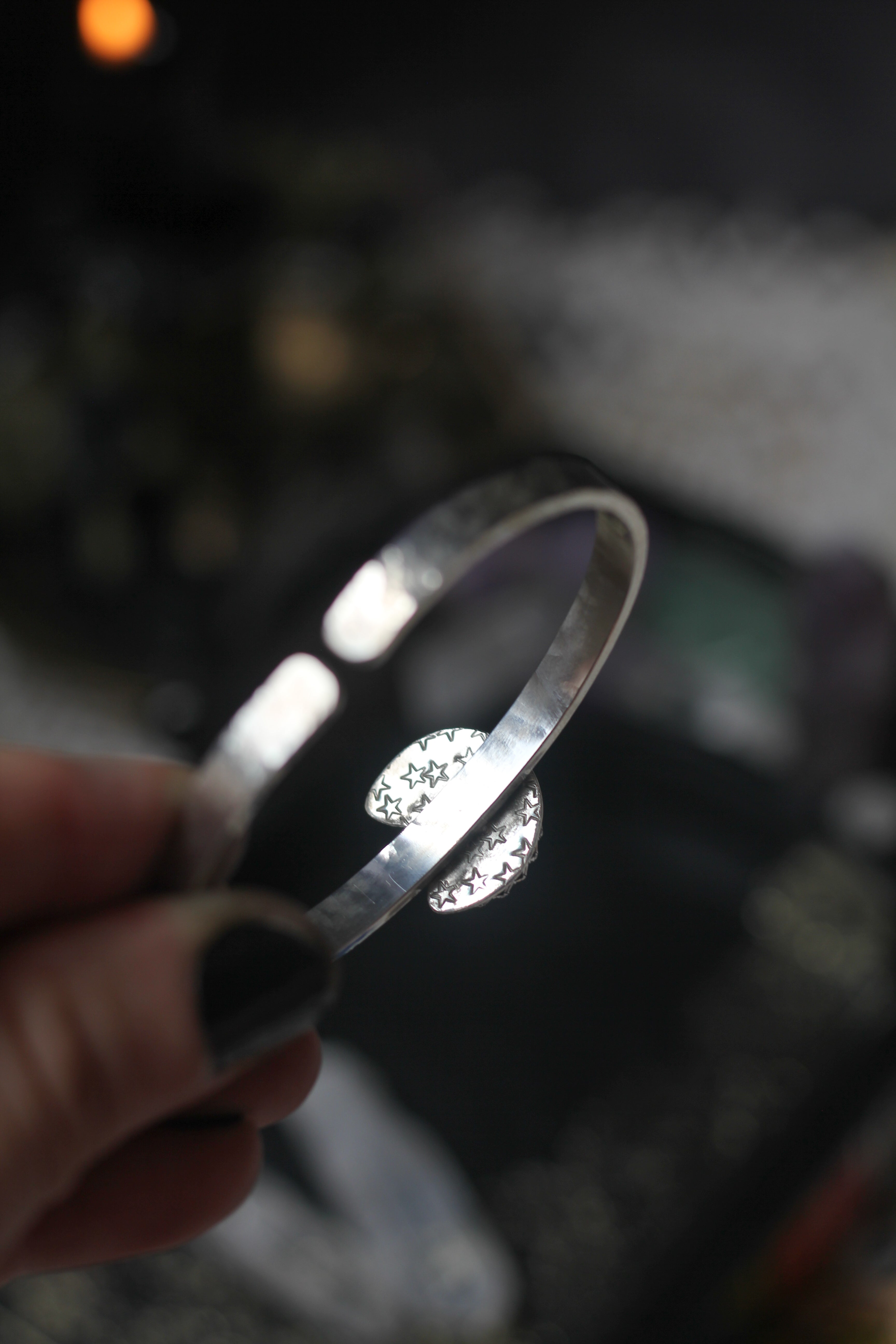 Moon Witch - Moon bangle bracelet in faceted rose quartz and silver