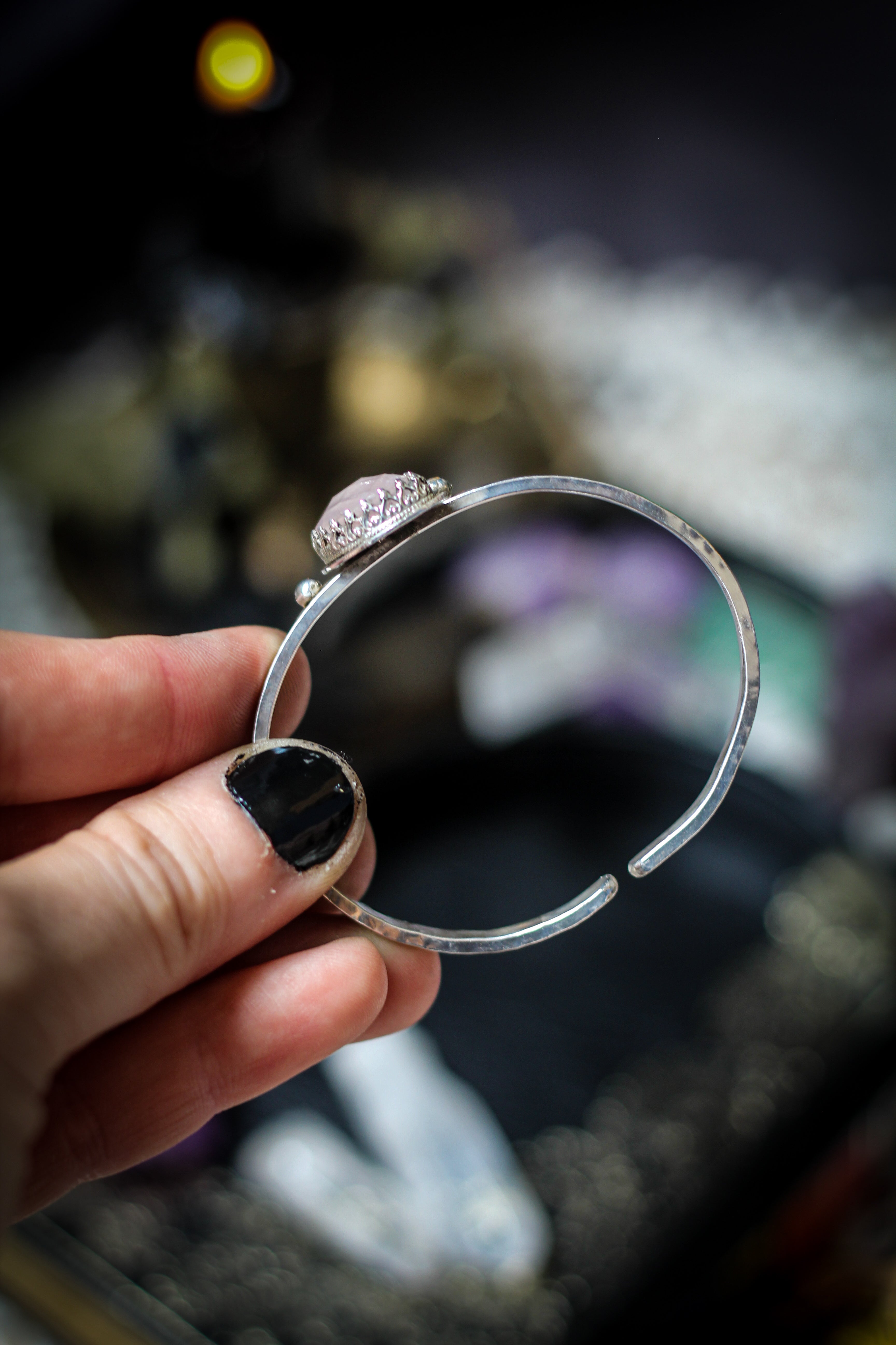 Moon Witch - Moon bangle bracelet in faceted rose quartz and silver