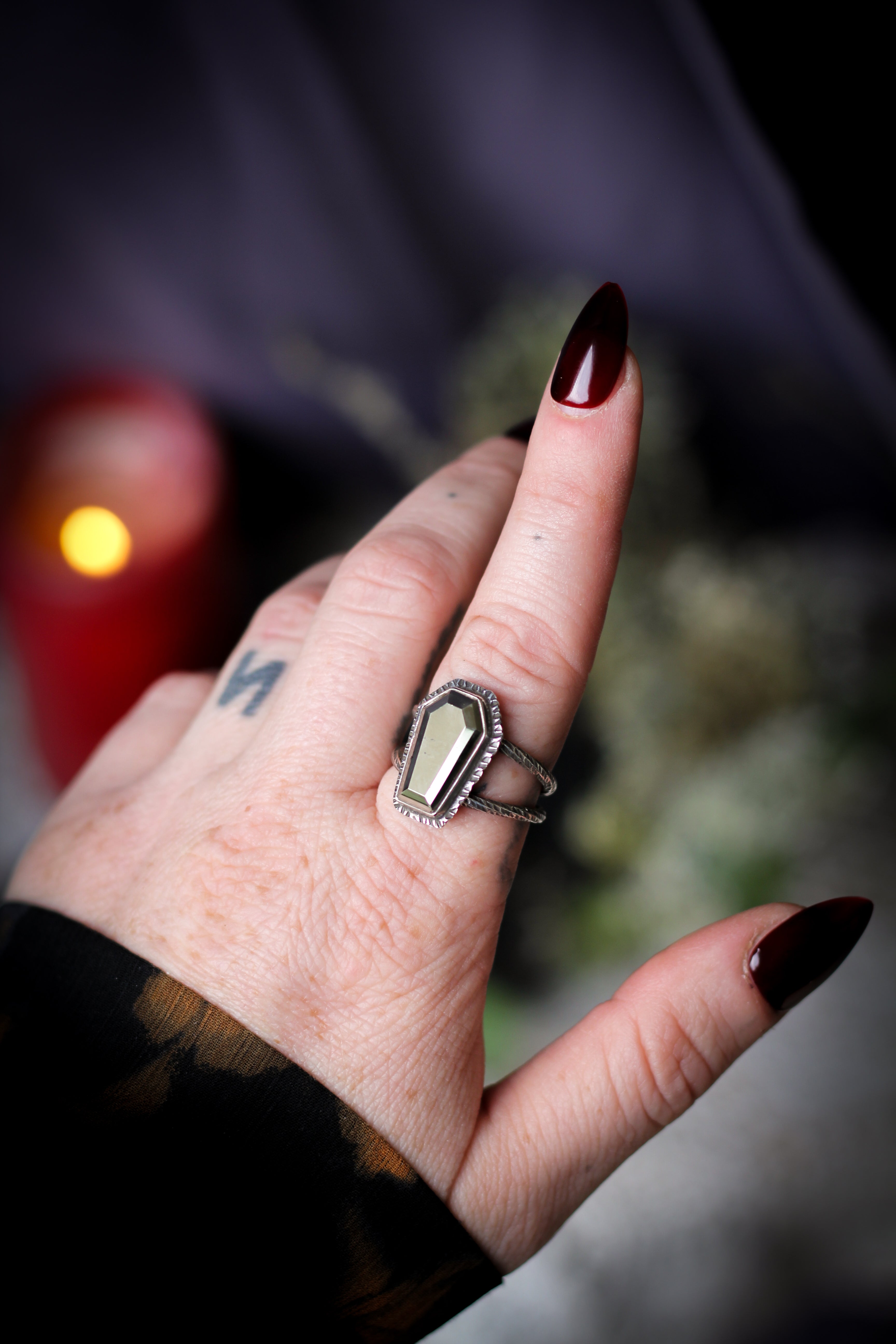 The Spirit of the Cemetery - Pyrite and silver coffin ring, forged skull on the back