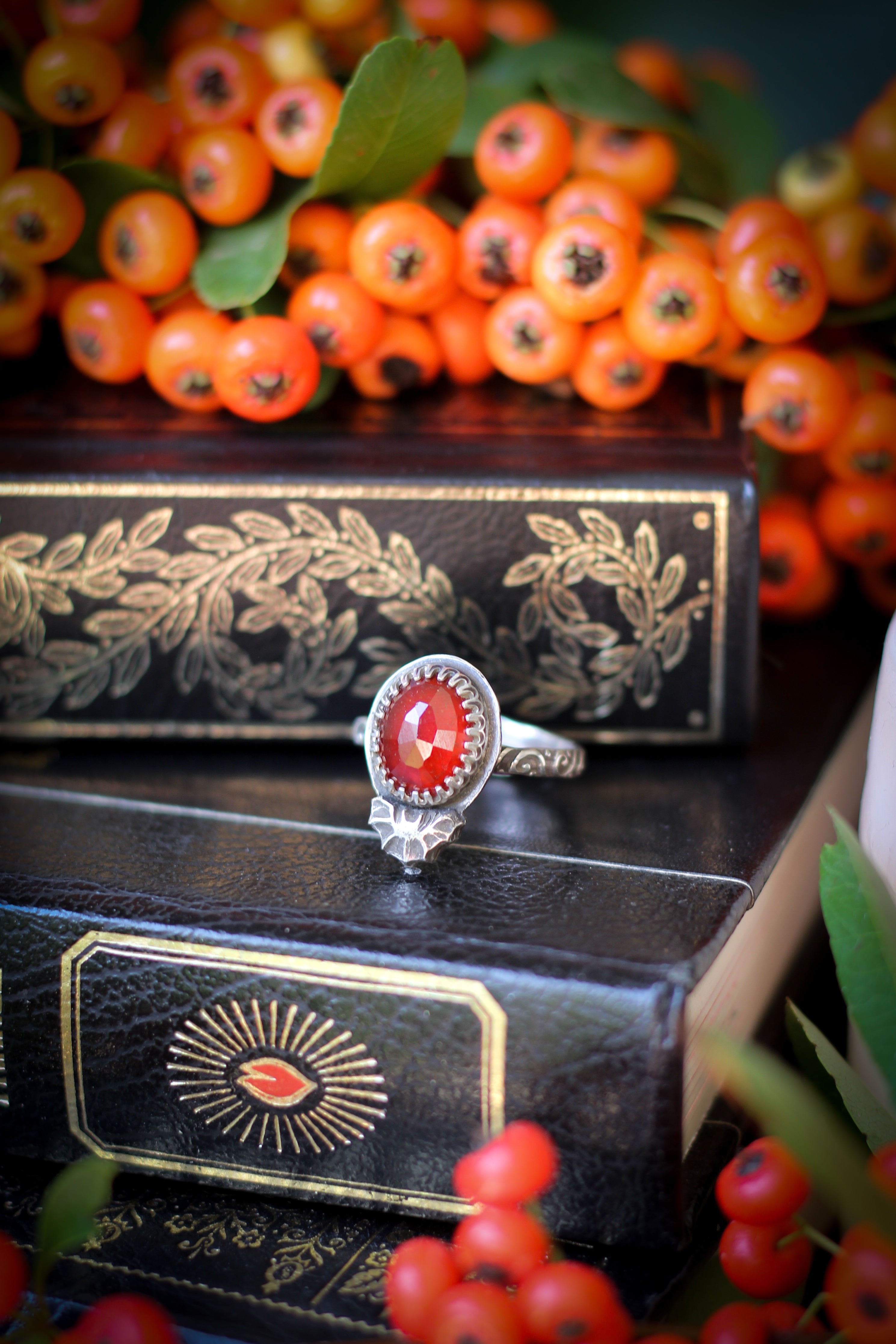 The Familiar - Faceted Hessonite Garnet and Silver Ring, Forged Bat