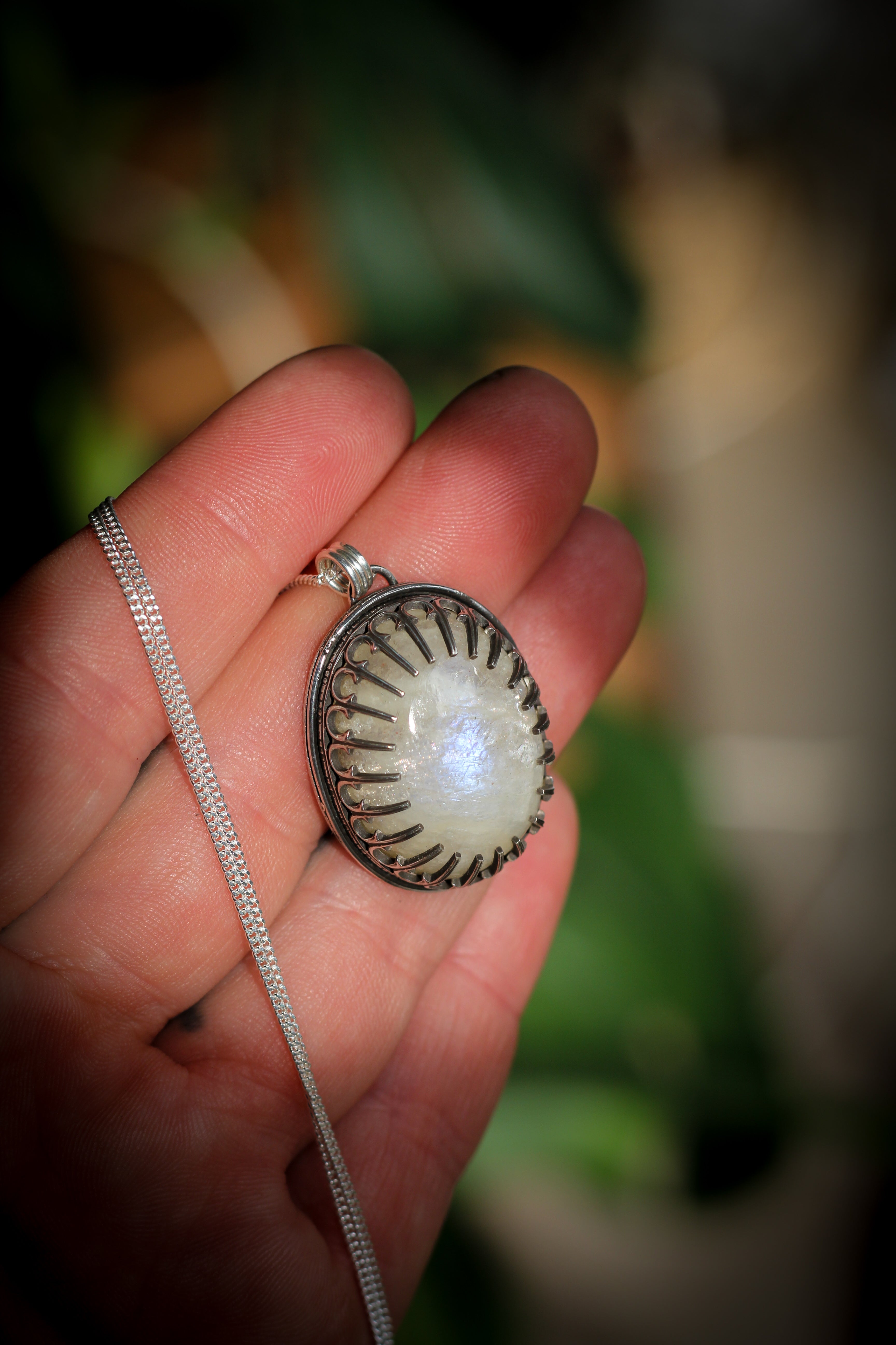 Third Eye - African Moonstone (Peristerite) and Silver Necklace, Moth on Back