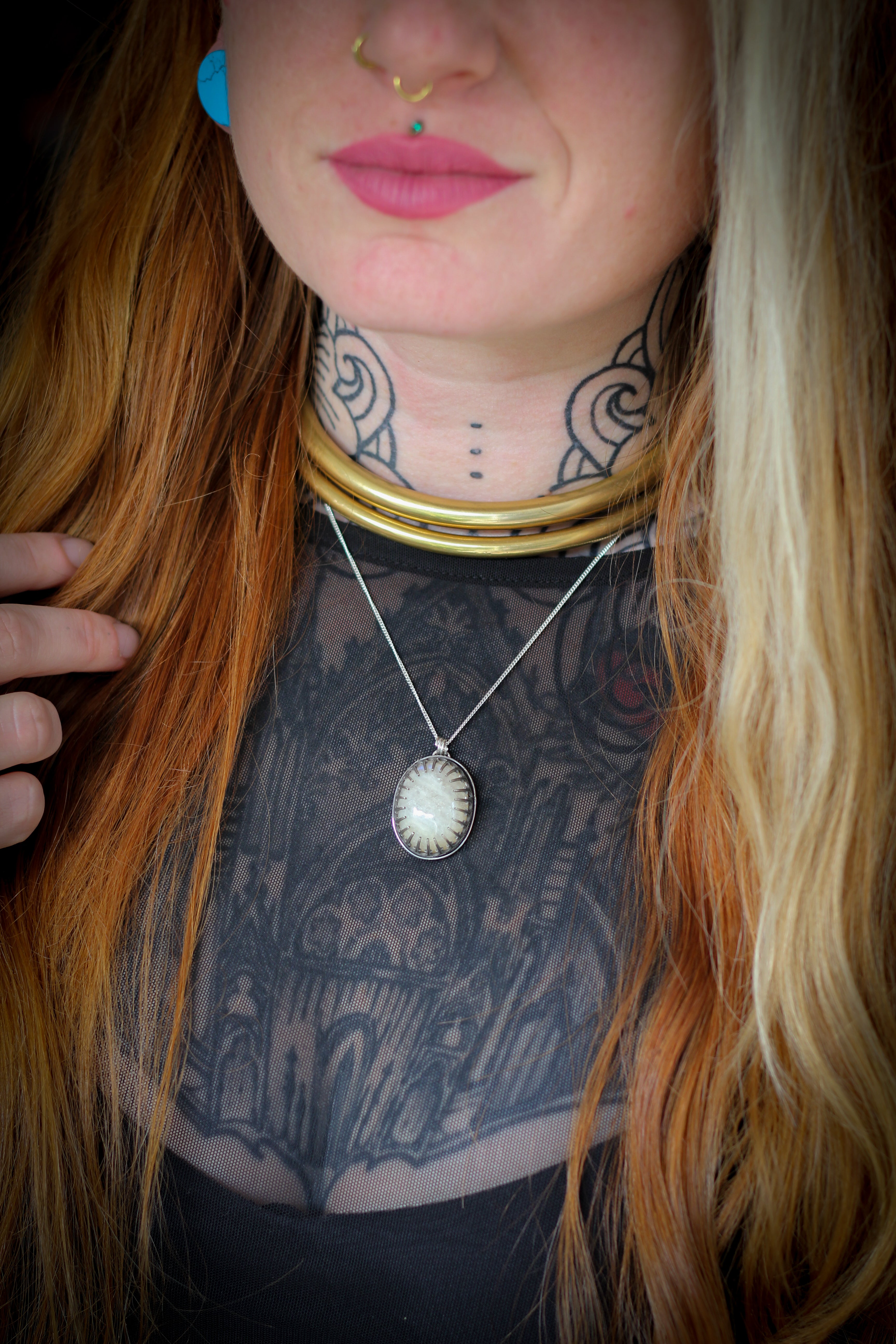 Third Eye - African Moonstone (Peristerite) and Silver Necklace, Moth on Back